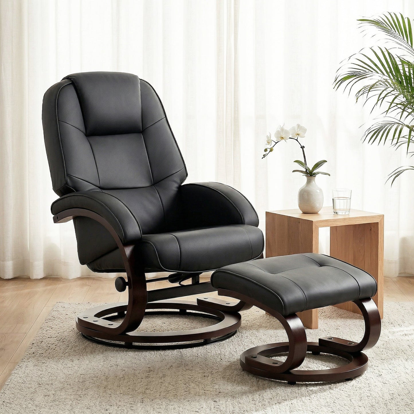 Swivel Recliner Chair with Footstool, PU Leather Recliner Armchair with High Back and Wood Frame, Reclining Chair Lounge with Padded Armrests for Living Room, Black