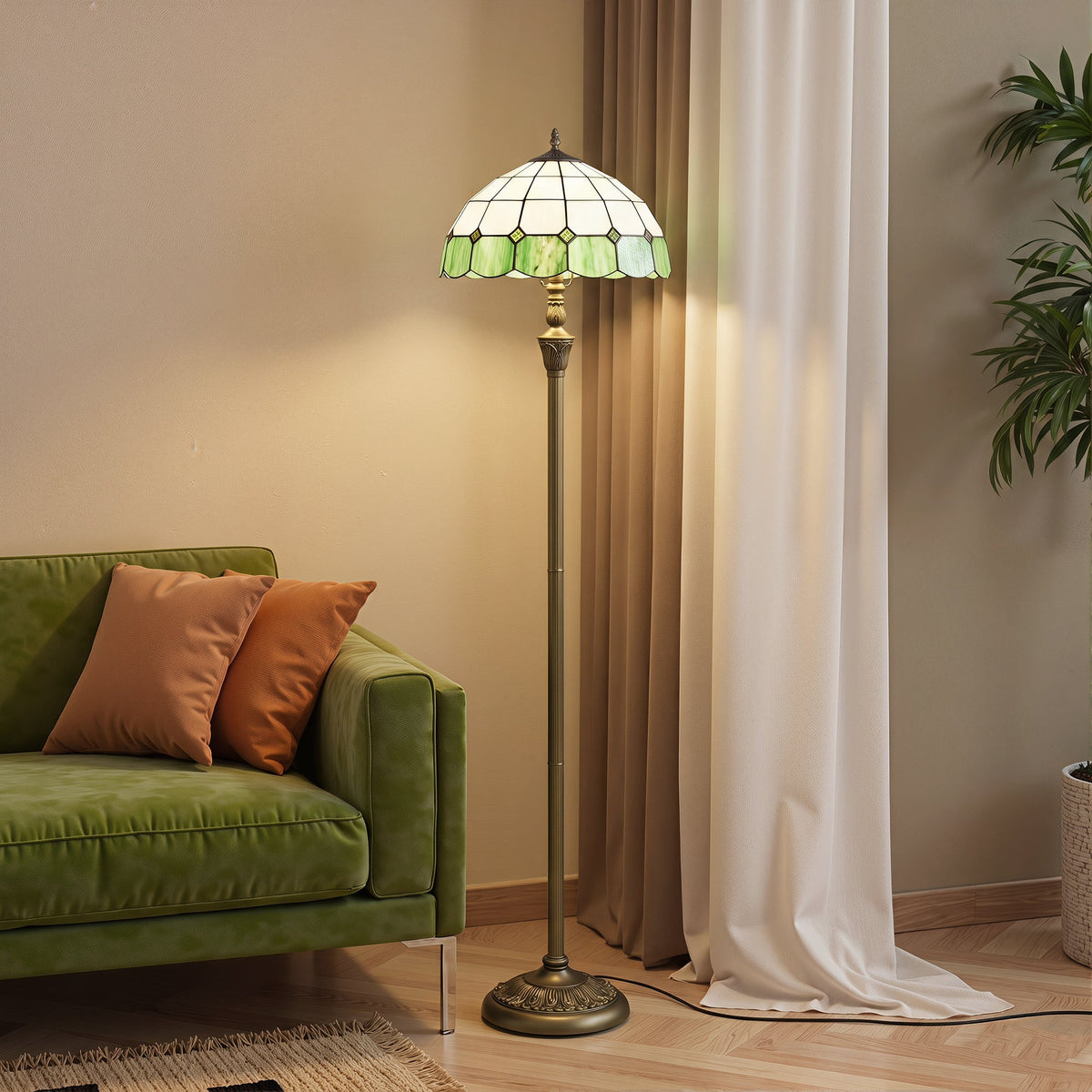 Tiffany-Style Floor Lamp with Handcrafted Stained Glass Shade, 152cm Tall Vintage Standing Lamp with Foot Switch and Dual Sockets for Living Room, Bedroom, Bronze Tone and Green