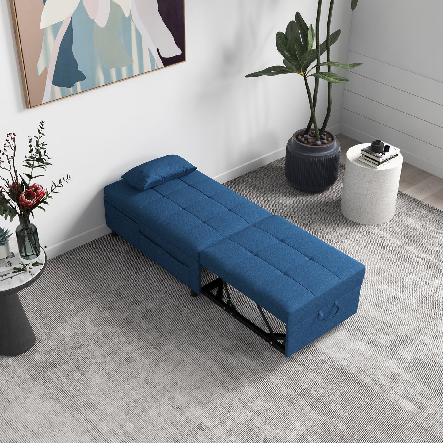 HOMCOM Convertible Chair Bed with Padding Seat, 4-in-1 Multi-Functional Sleeper Sofa Bed, Recliner with Adjustable Backrest, Side Pocket, Wheels and Pillow, for Living Room, Blue