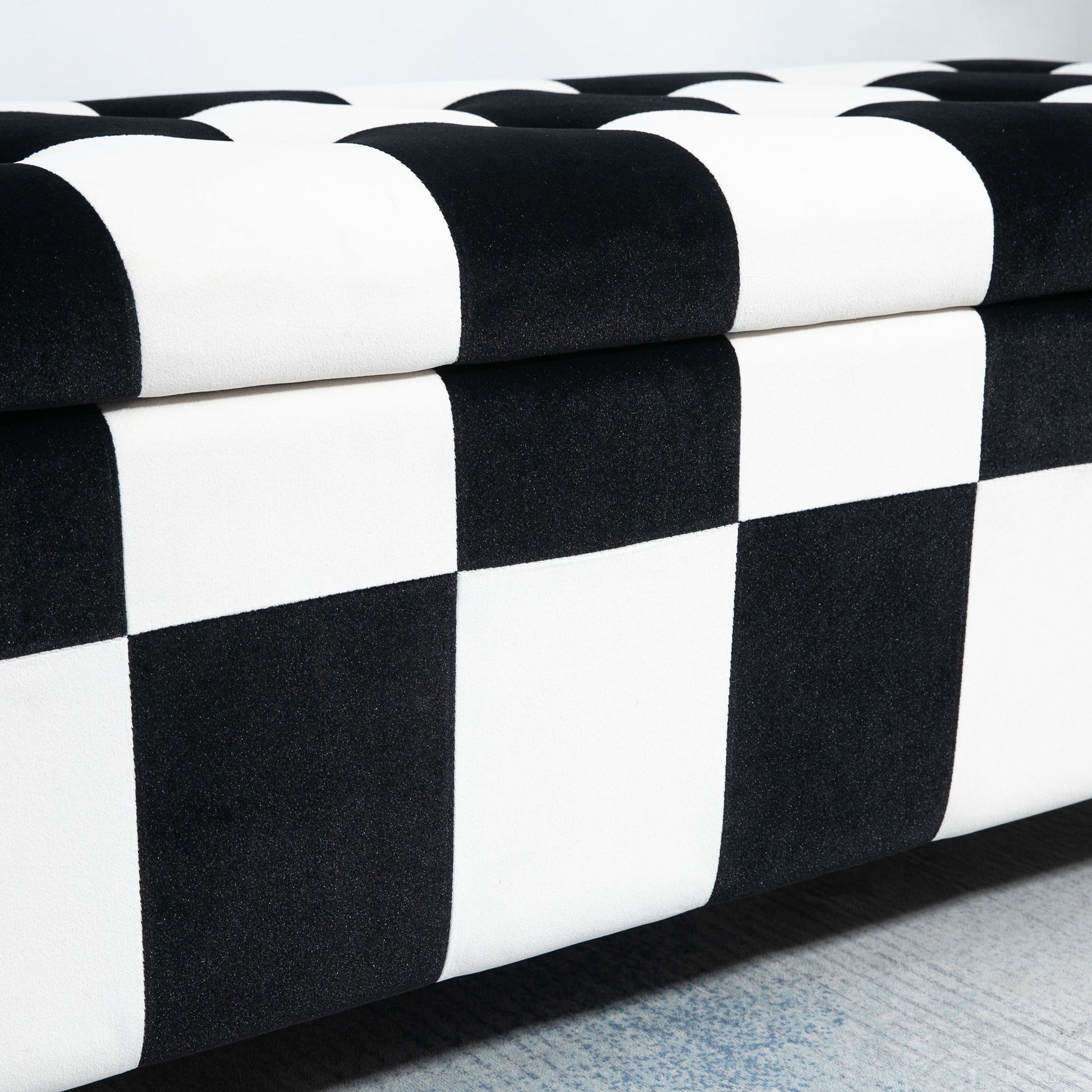 HOMCOM 114 x 47 x 47cm Velvet Storage Ottoman, Button-tufted Footstool Box, Toy Chest with Lid for Living Room, Bedroom, White and Black