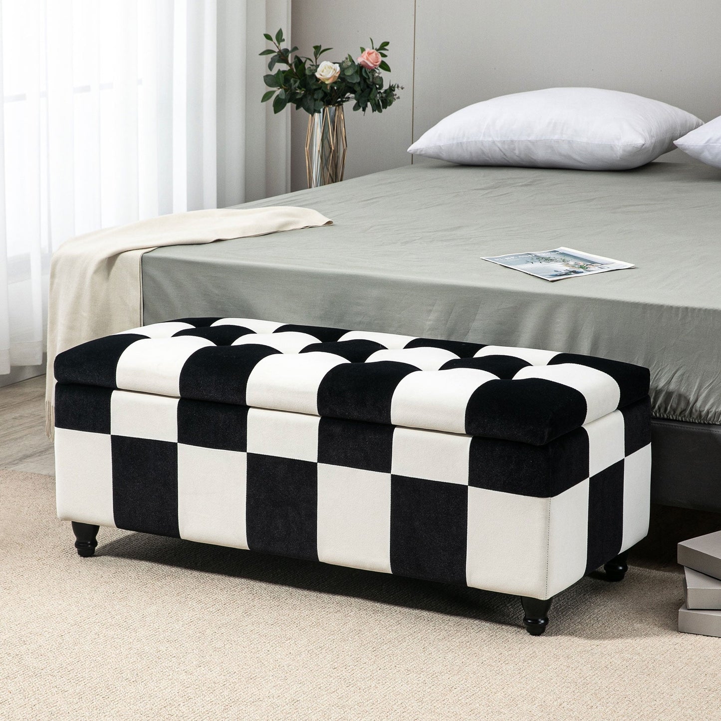 HOMCOM 114 x 47 x 47cm Velvet Storage Ottoman, Button-tufted Footstool Box, Toy Chest with Lid for Living Room, Bedroom, White and Black