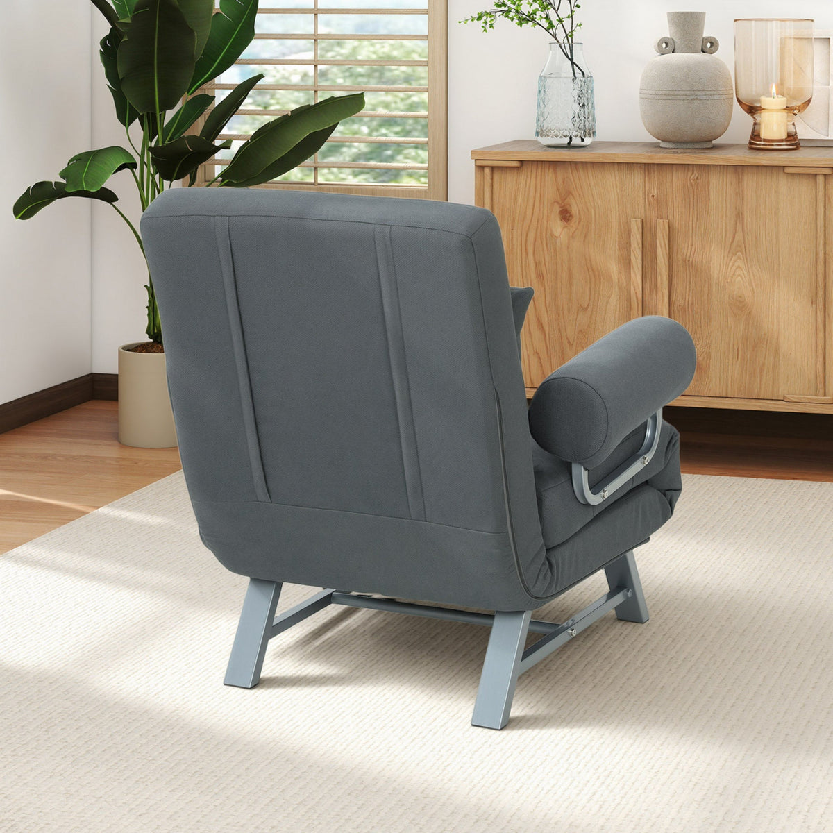 Single Sofa Bed, 3-in-1 Convertible Folding Chair Bed with Adjustable Backrest, Removable Armrests, Steel Legs, Linen Sleeper Chair for Living Room, Bedroom, Small Space, Dark Grey