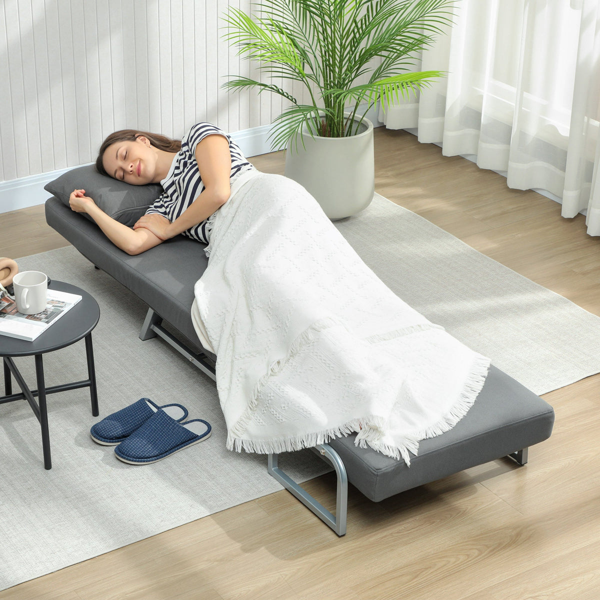 Single Sofa Bed, 3-in-1 Convertible Folding Chair Bed with Adjustable Backrest, Removable Armrests, Steel Legs, Linen Sleeper Chair for Living Room, Bedroom, Small Space, Dark Grey
