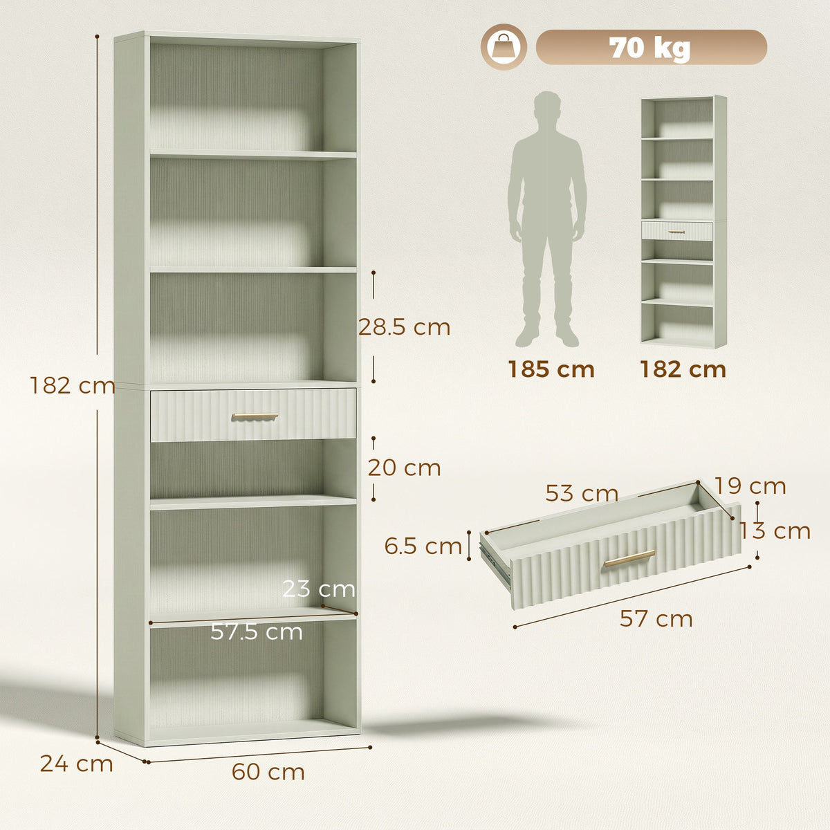 Tall Bookcase with Cubes, 7-Tier Bookshelf with Drawer, Freestanding Shelving Unit, 60 x 24 x 182 cm, Space-Saving for Study, Home Office, Living Room, Light Green