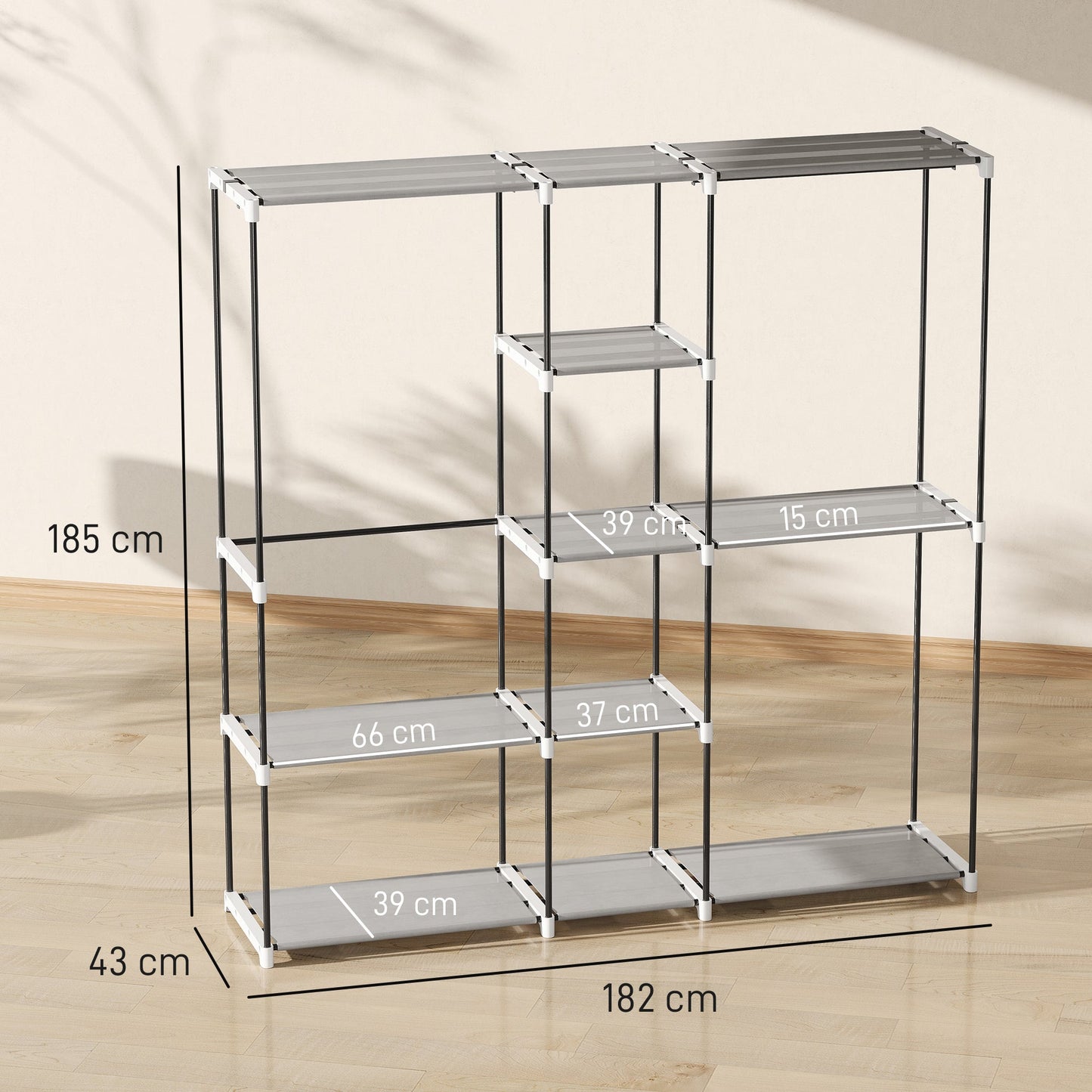 Portable Wardrobe, Open Clothes Wardrobe with 8 Shelves, 3 Hanging Rails, Freestanding Coat Rack Organiser, 182 x 43 x 185cm, Light Grey