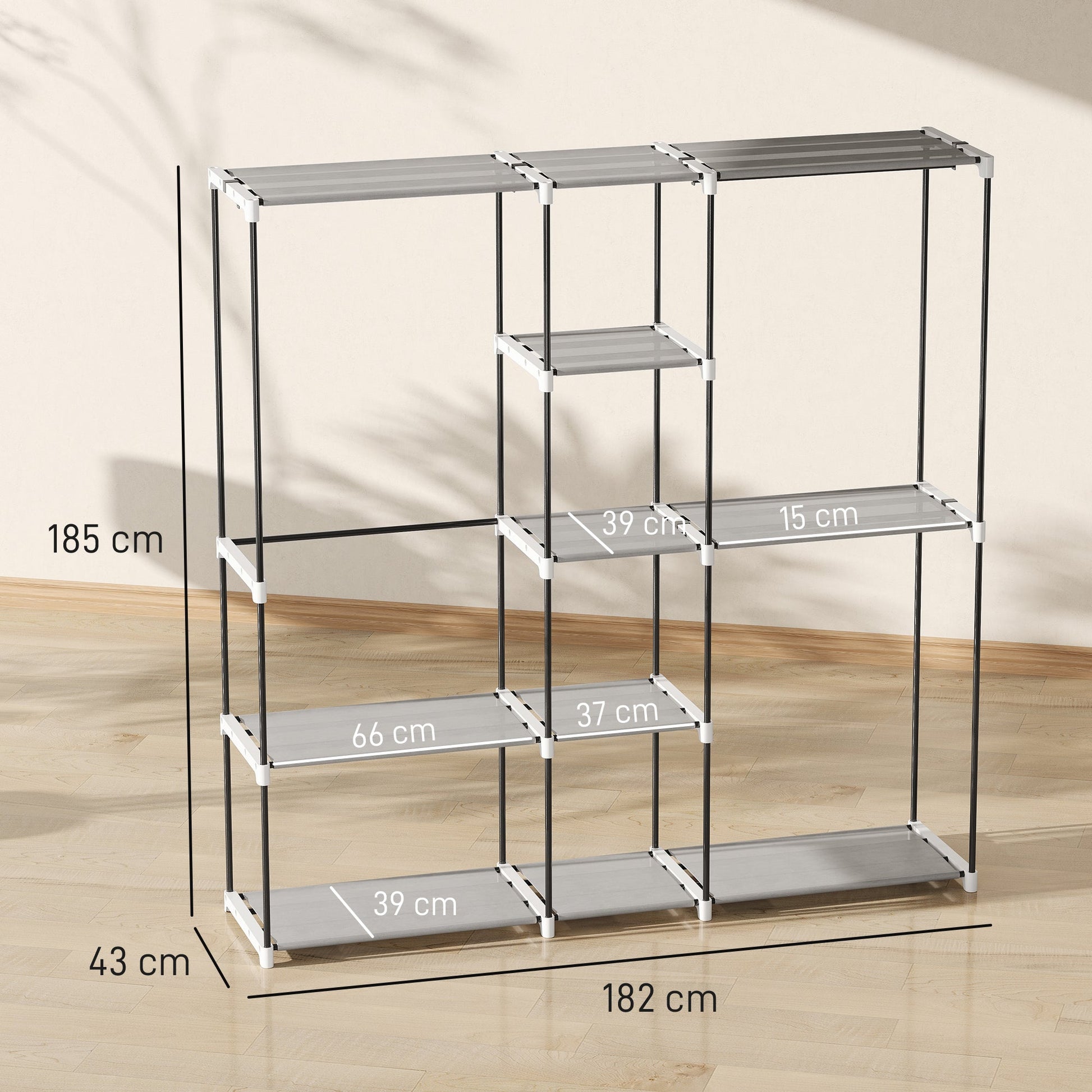 Portable Wardrobe, Open Clothes Wardrobe with 8 Shelves, 3 Hanging Rails, Freestanding Coat Rack Organiser, 182 x 43 x 185cm, Light Grey