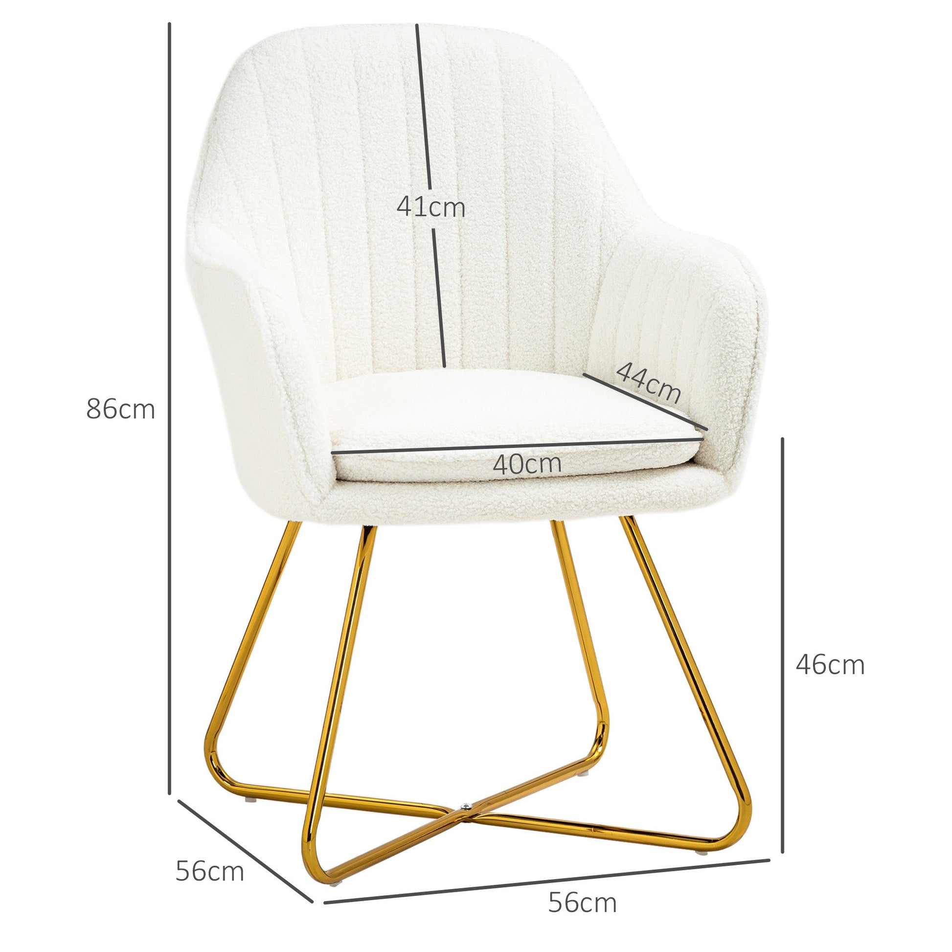 HOMCOM Modern Dining Chair Set of 2, Sherpa Fleece Armchair with Padded Seat, Occasional Bedroom Chair with Cross Steel Legs for Living Room, Cream White