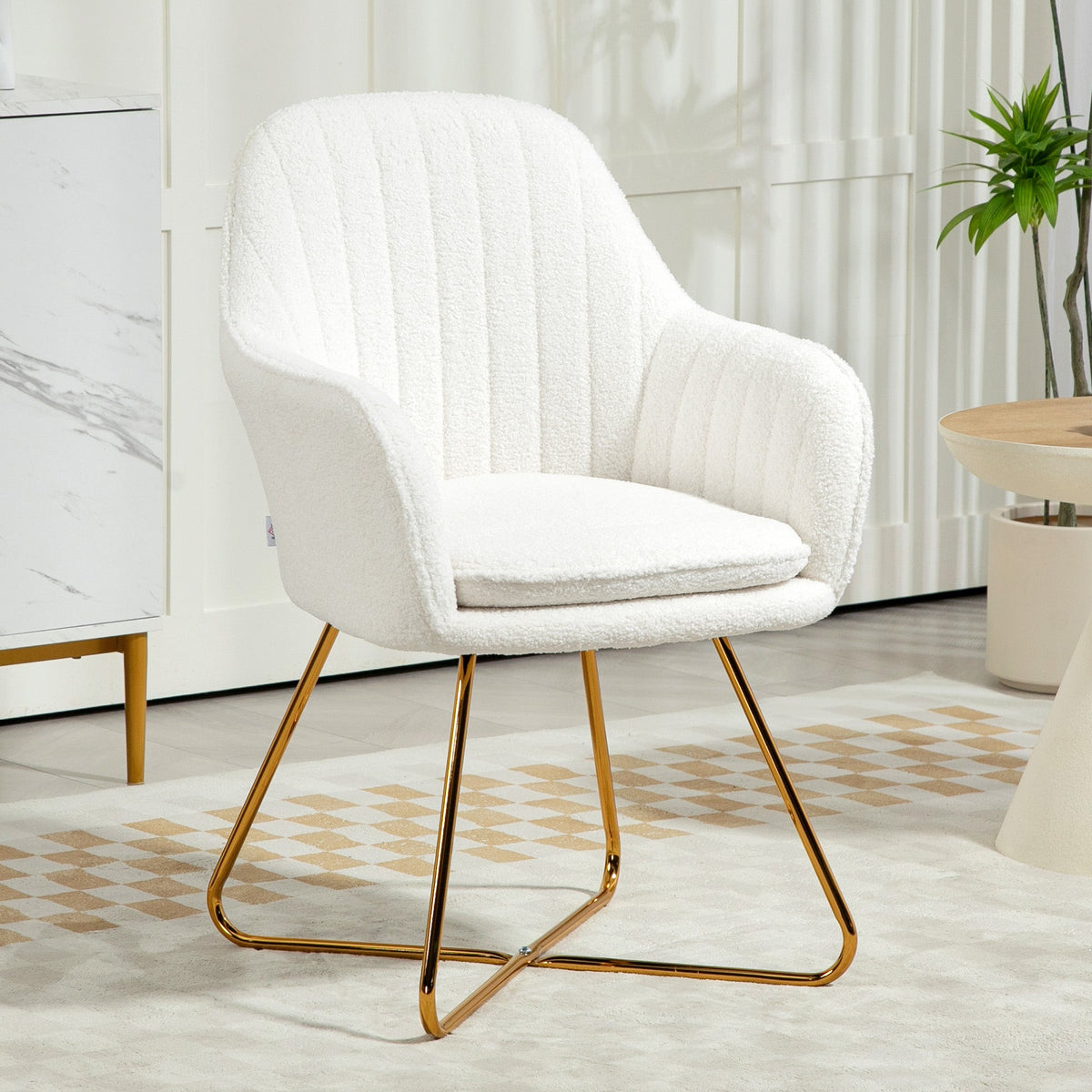 HOMCOM Modern Dining Chair Set of 2, Sherpa Fleece Armchair with Padded Seat, Occasional Bedroom Chair with Cross Steel Legs for Living Room, Cream White