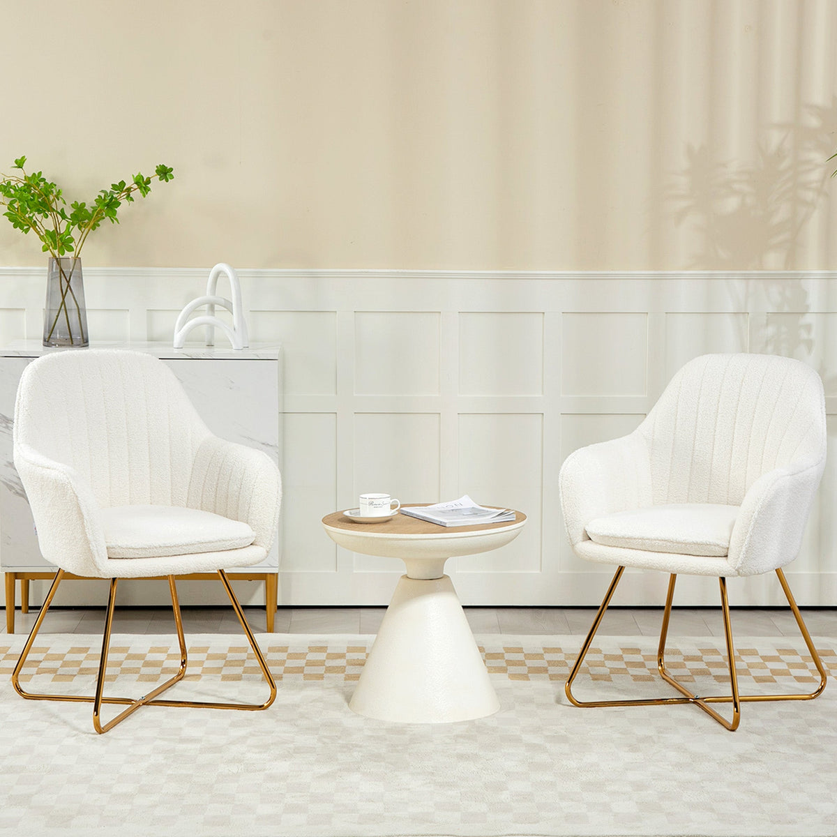 HOMCOM Modern Dining Chair Set of 2, Sherpa Fleece Armchair with Padded Seat, Occasional Bedroom Chair with Cross Steel Legs for Living Room, Cream White