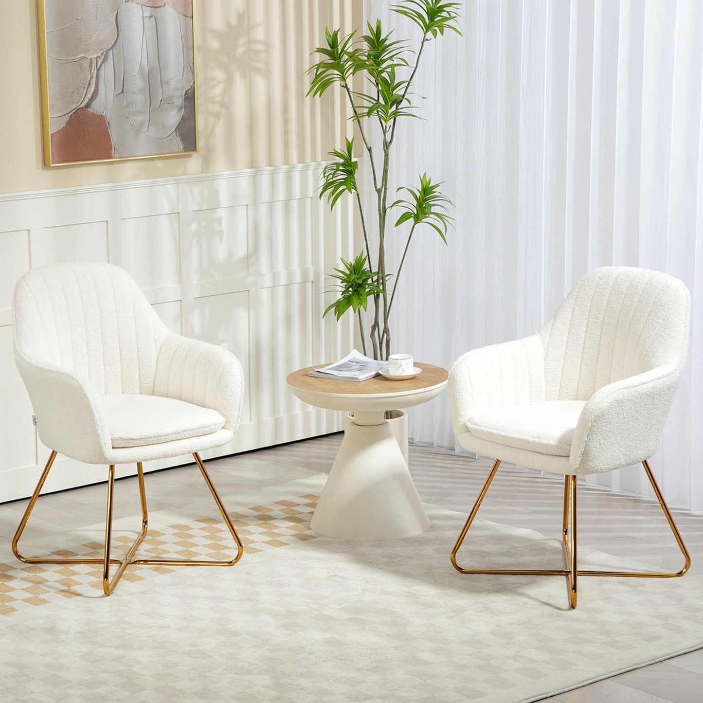 HOMCOM Modern Dining Chair Set of 2, Sherpa Fleece Armchair with Padded Seat, Occasional Bedroom Chair with Cross Steel Legs for Living Room, Cream White