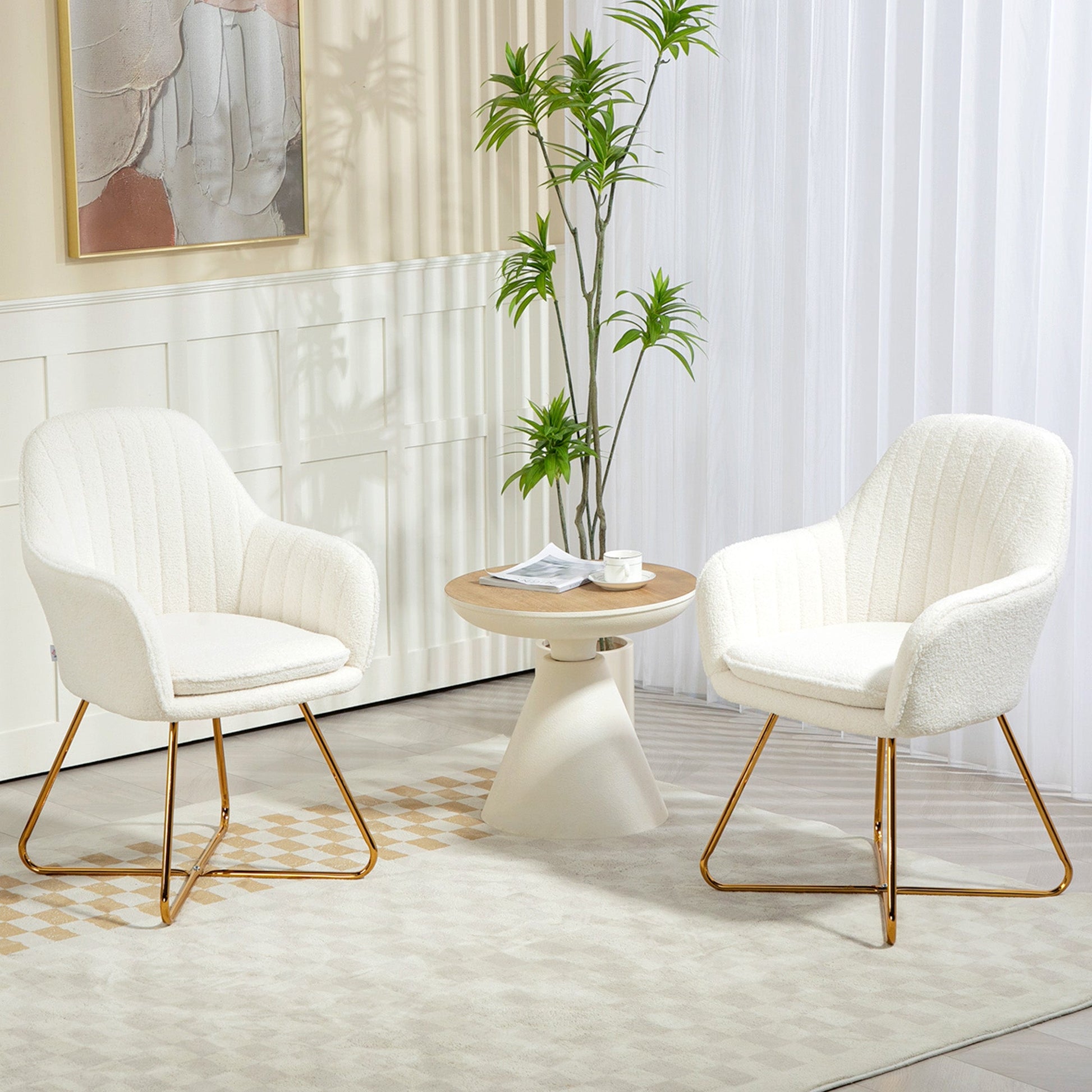 HOMCOM Modern Dining Chair Set of 2, Sherpa Fleece Armchair with Padded Seat, Occasional Bedroom Chair with Cross Steel Legs for Living Room, Cream White