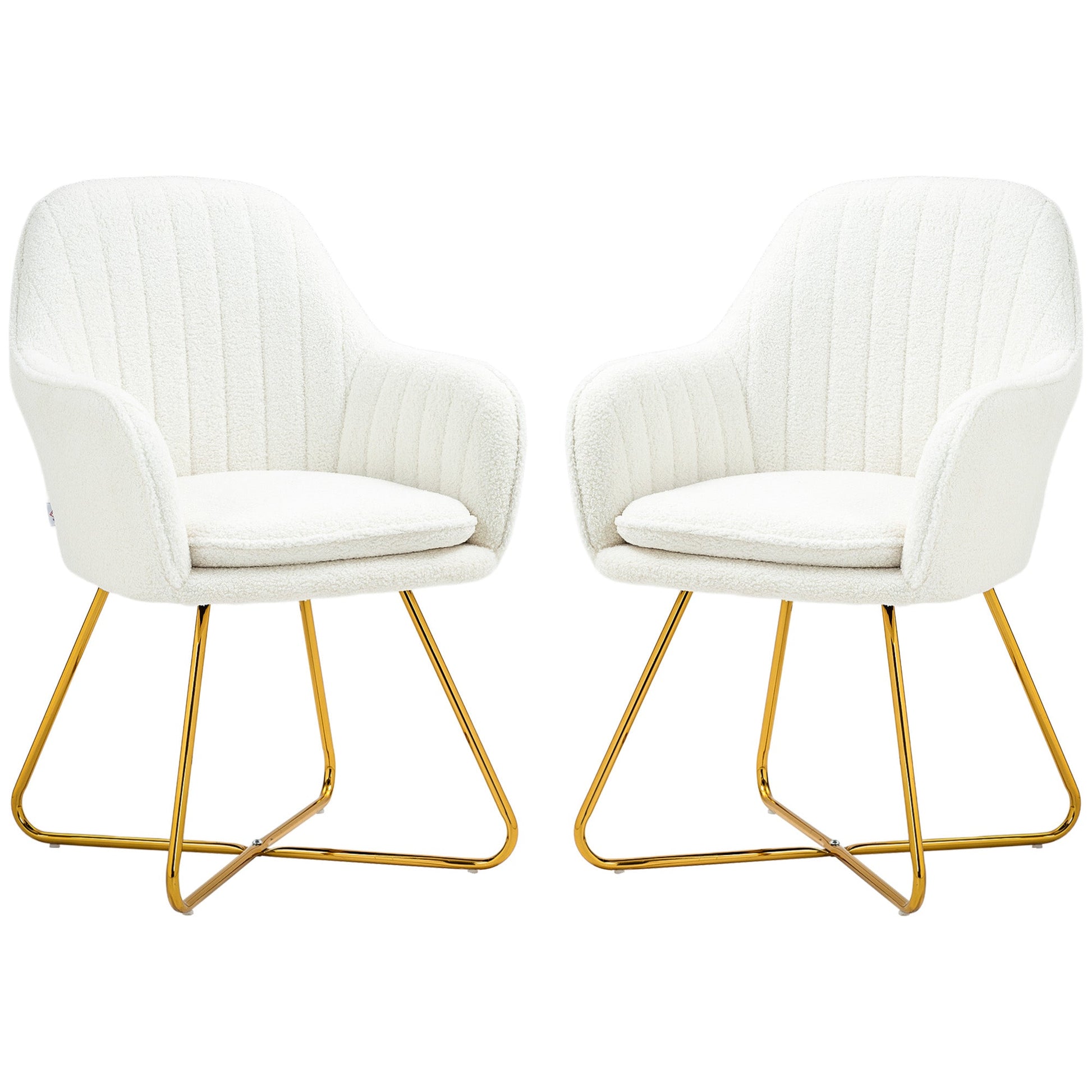 HOMCOM Modern Dining Chair Set of 2, Sherpa Fleece Armchair with Padded Seat, Occasional Bedroom Chair with Cross Steel Legs for Living Room, Cream White