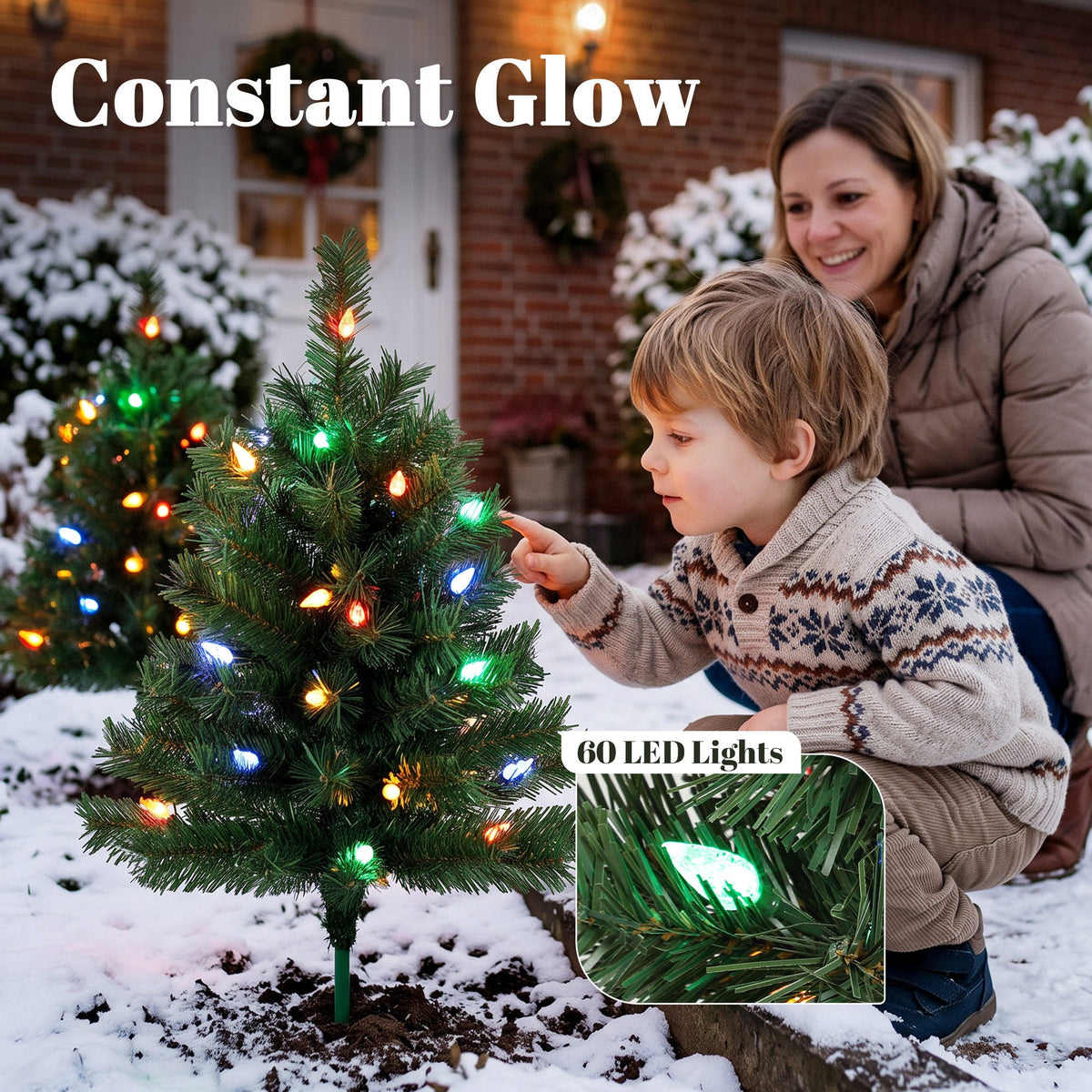 60 cm Pre-Lit Christmas Tree, 2-Pack Artificial Christmas Stake Trees with 60 Colourful LED Lights, 130 Tips, Ground Stakes, Green