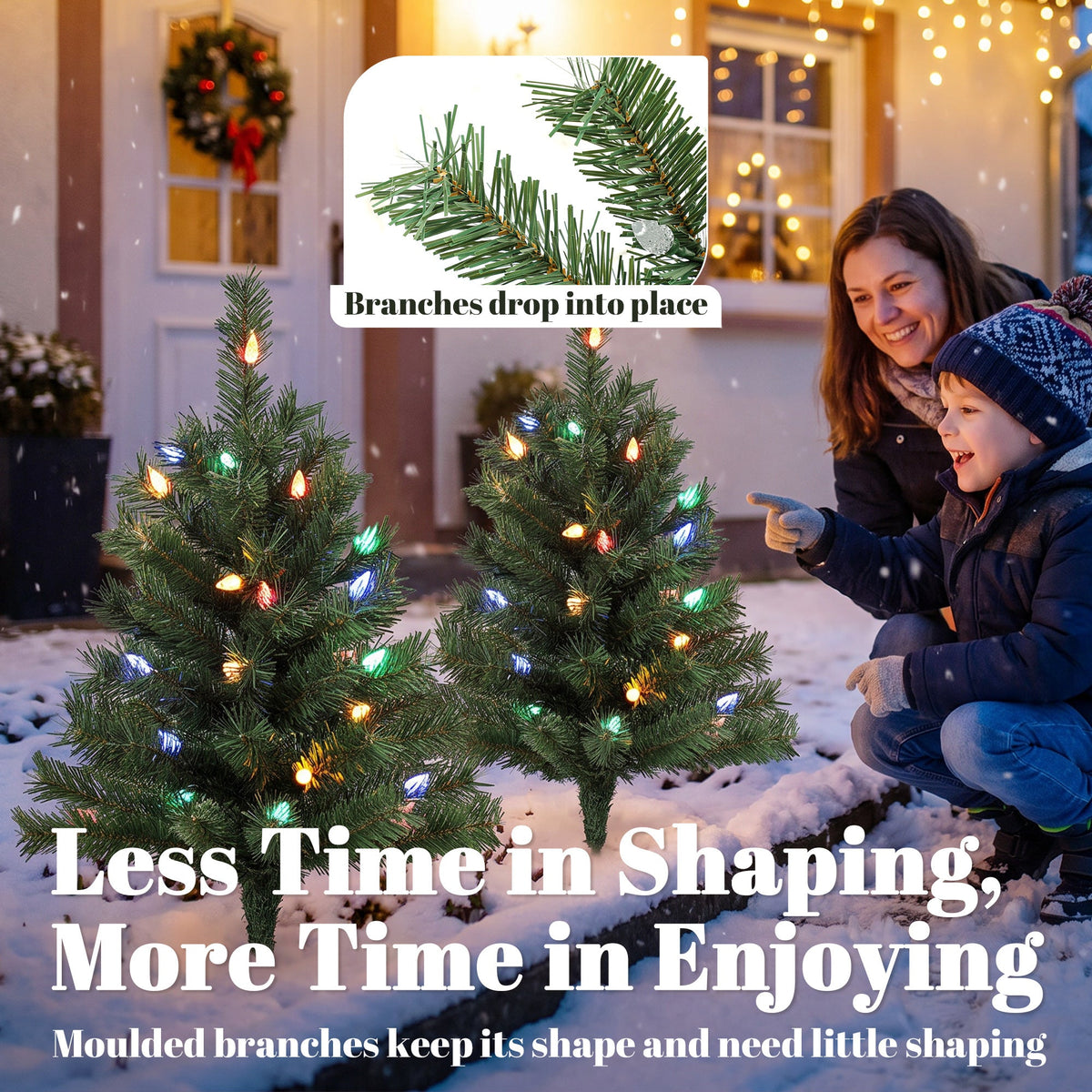 60 cm Pre-Lit Christmas Tree, 2-Pack Artificial Christmas Stake Trees with 60 Colourful LED Lights, 130 Tips, Ground Stakes, Green