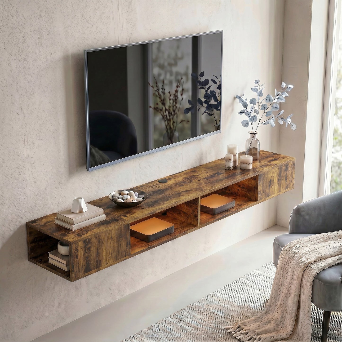 TV Stand for TVs up to 75 Inch, Industrial Entertainment Center with RGB LED Lights, USB Powered, Wall-Mounted Media Console Table with 4 Open Storage Shelves for Living Room, Rustic Brown