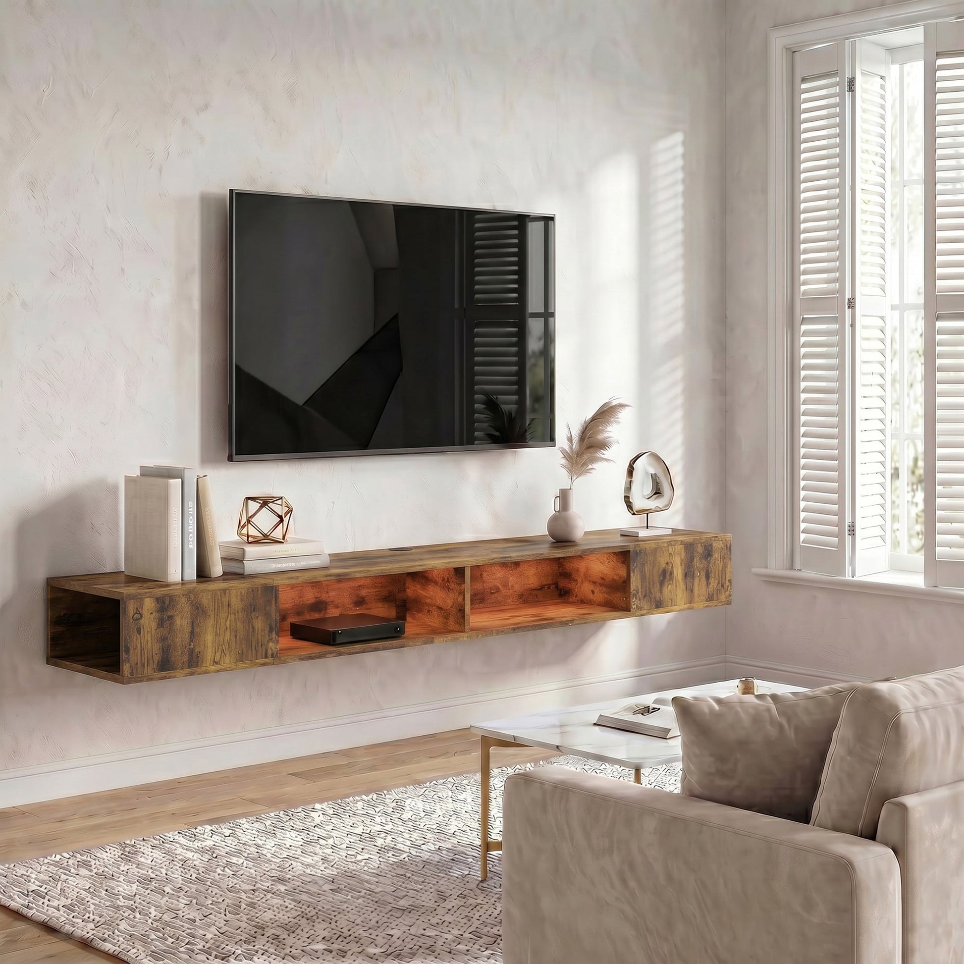 TV Stand for TVs up to 75 Inch, Industrial Entertainment Center with RGB LED Lights, USB Powered, Wall-Mounted Media Console Table with 4 Open Storage Shelves for Living Room, Rustic Brown