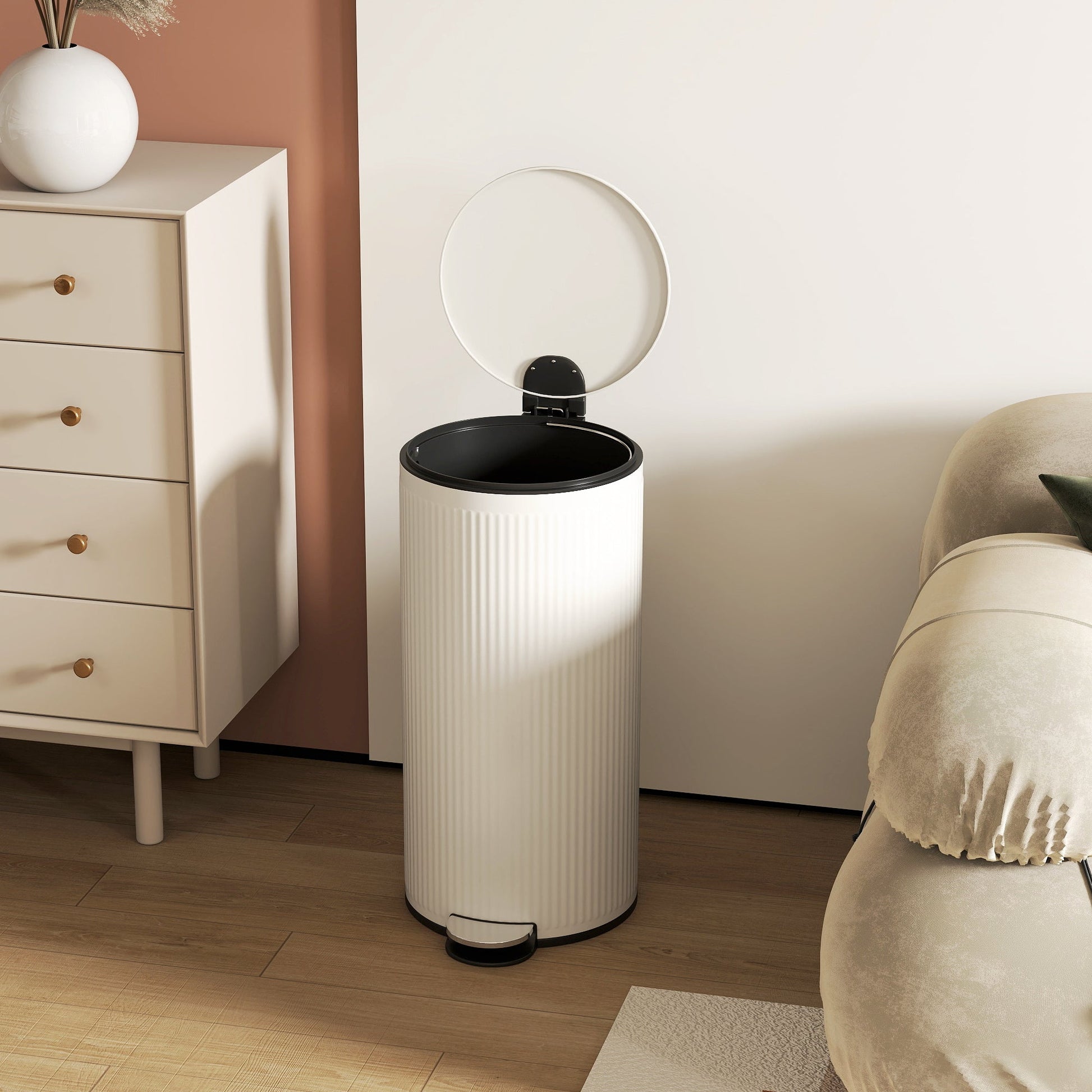 30 Litre Pedal Kitchen Bin with Soft Close and Stay Open Lid, Rubbish Bin with Removable Inner Bucket for Kitchen, Office, Home, Cream