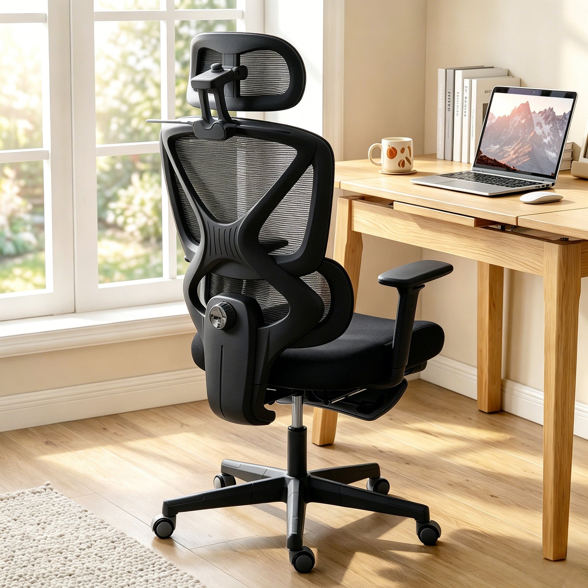 Ergonomic Office Chair, Mesh Desk Chair with 3D Armrests, Rotatable Headrest, Adjustable Lumbar Support, Coat Hanger, Recliner Computer Swivel Chair with Footrest for Home Office, Black