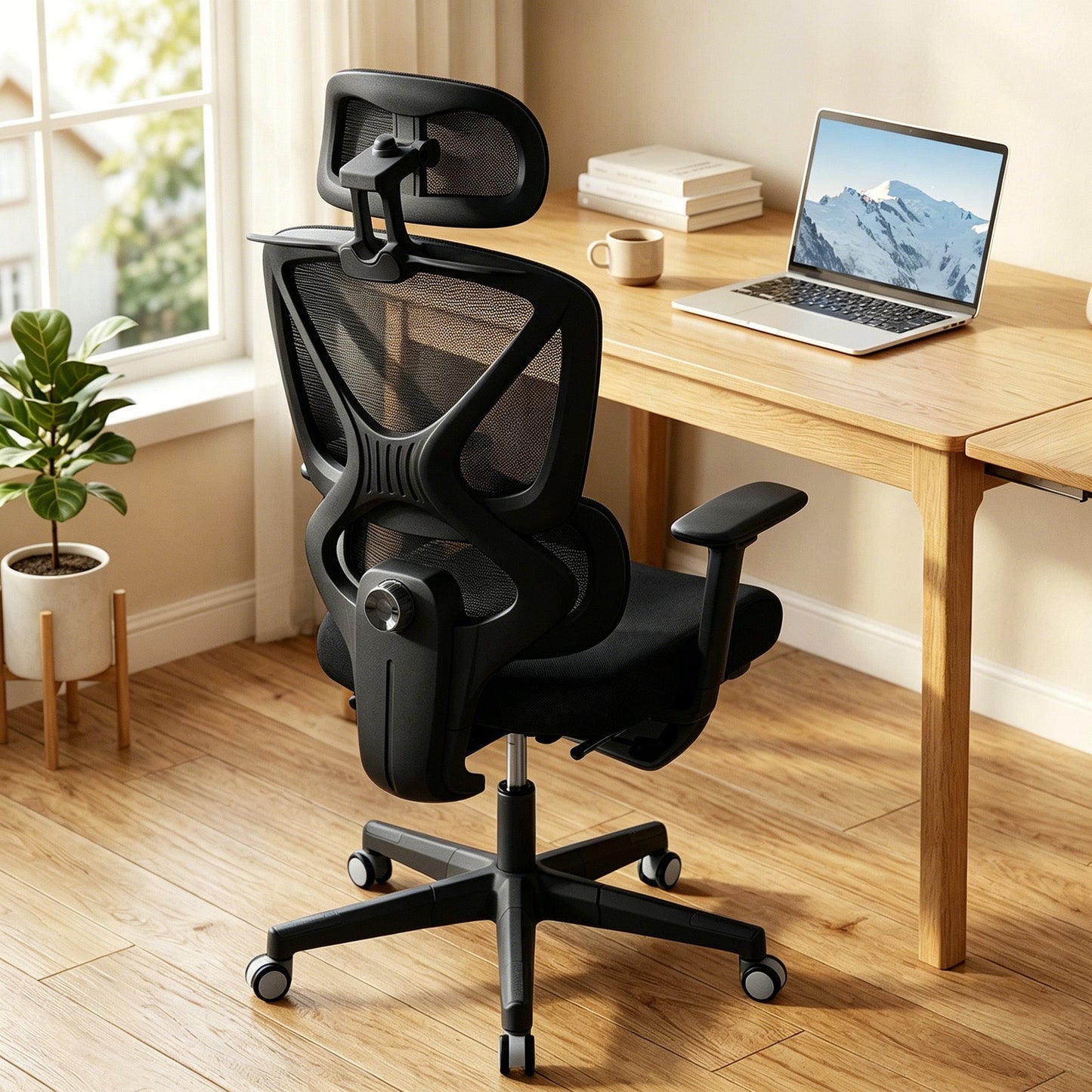 Ergonomic Office Chair, Mesh Desk Chair with 3D Armrests, Rotatable Headrest, Adjustable Lumbar Support, Coat Hanger, Recliner Computer Swivel Chair with Footrest for Home Office, Black