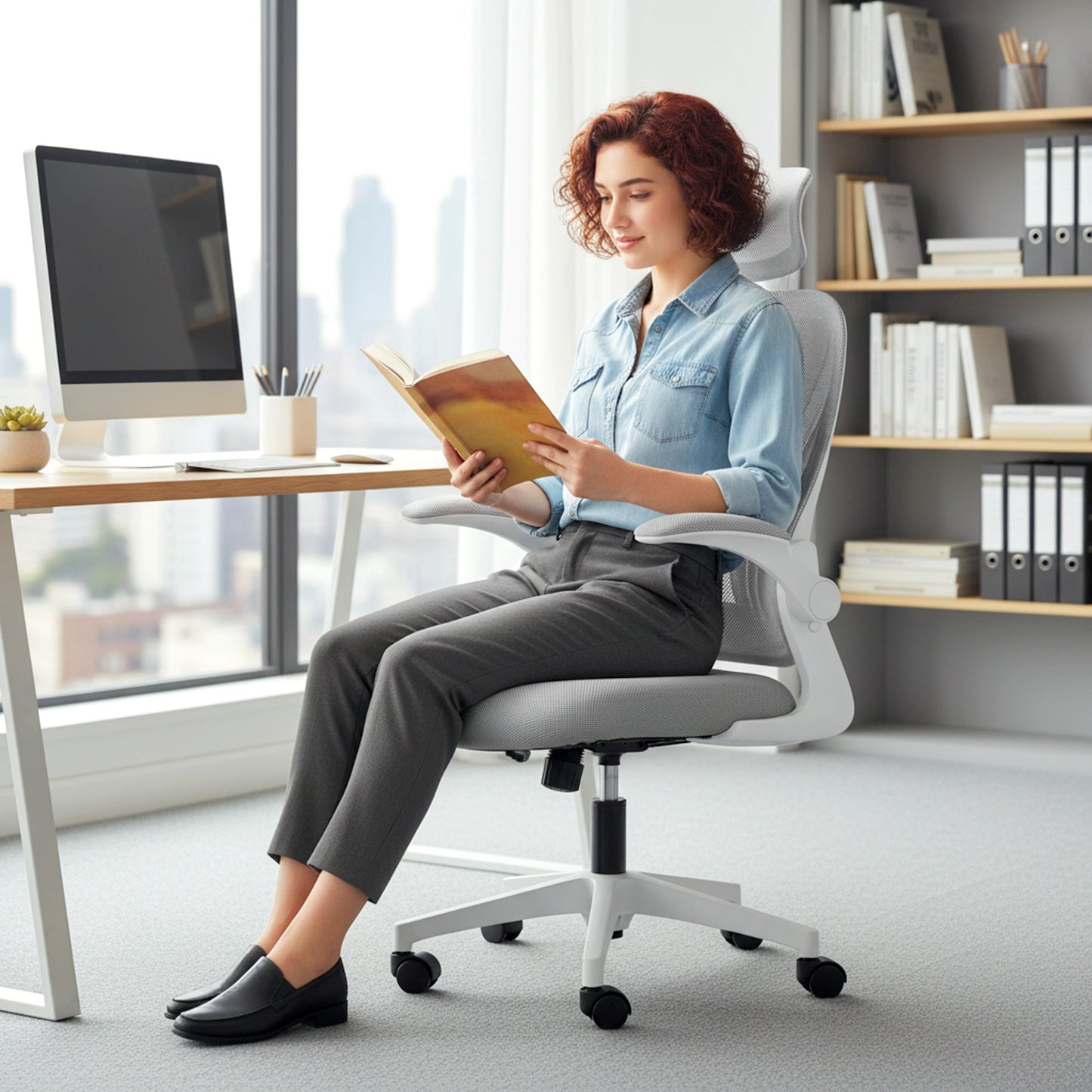Ergonomic Office Chair, High Back Mesh Desk Chair with Foldable Backrest, 2D Headrest, Flip-up Armrest, Lumbar Support, Tilt Function, Swivel Wheels for Home Office, Light Grey