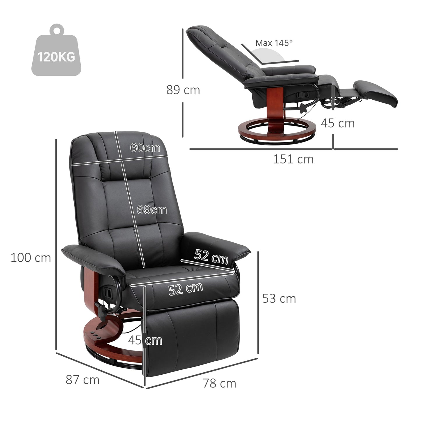 Manual Recliner Chair with Faux Leather Upholstered & Wooden Base for Living Room, Black - HOMCOM