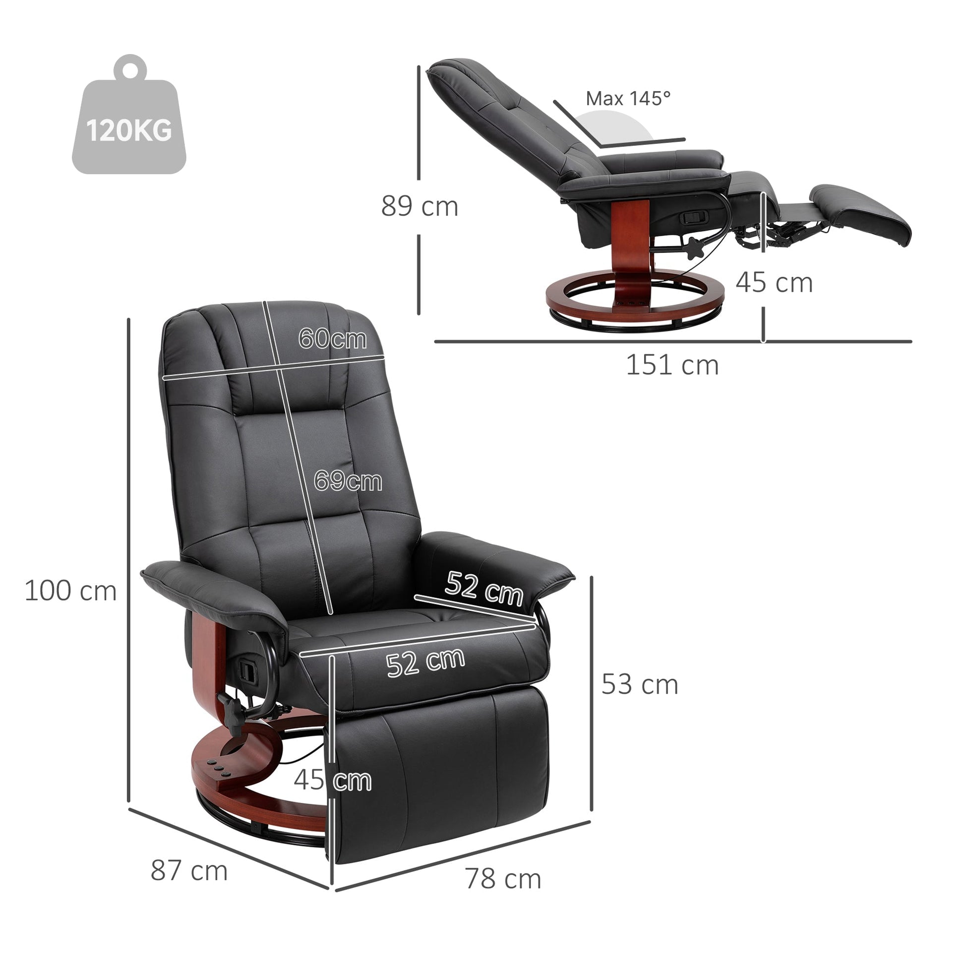 Manual Recliner Chair with Faux Leather Upholstered & Wooden Base for Living Room, Black - HOMCOM