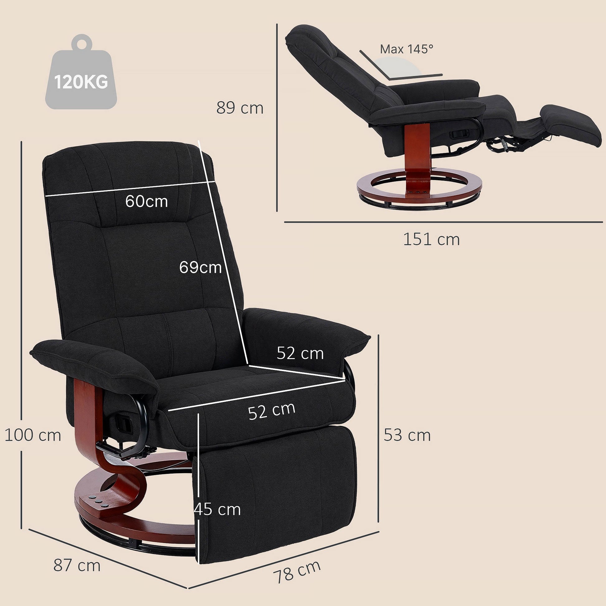Manual Recliner Chair with Linen-Like Upholstered & Wooden Base for Living Room, Black - HOMCOM