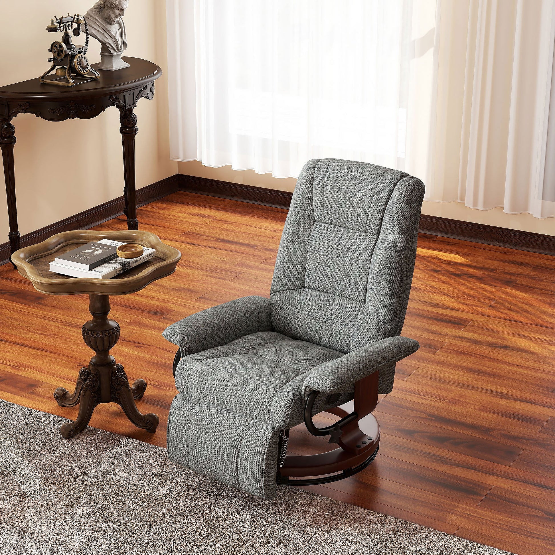 Manual Recliner Chair with Linen-Like Upholstered & Wooden Base for Living Room, Grey - HOMCOM