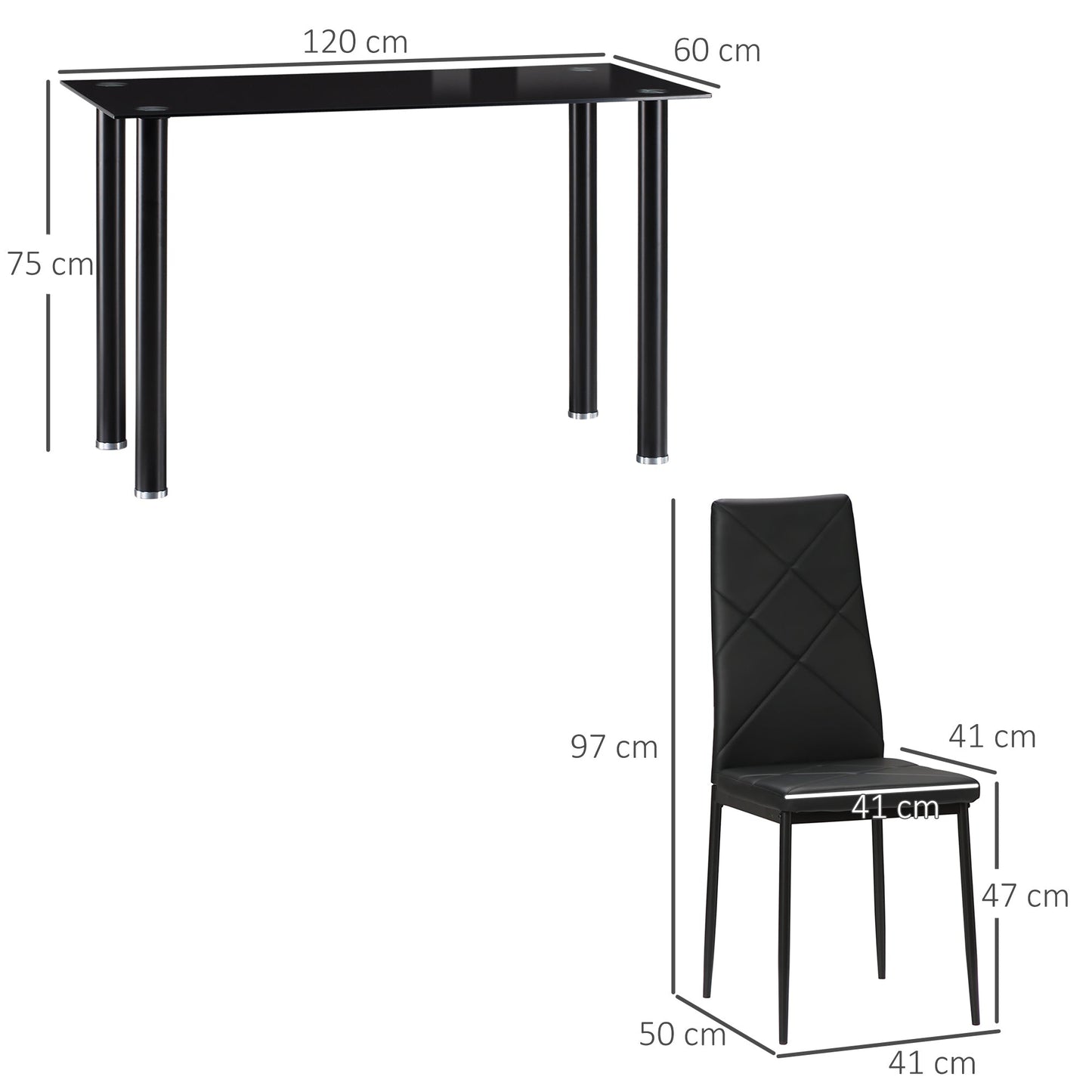 HOMCOM Dining Table and Chairs Set 4, Space-Saving Kitchen Table and Chairs Set 4 with Faux Leather Padded Seat and Tempered Glass Top, Dining Room Sets, Black