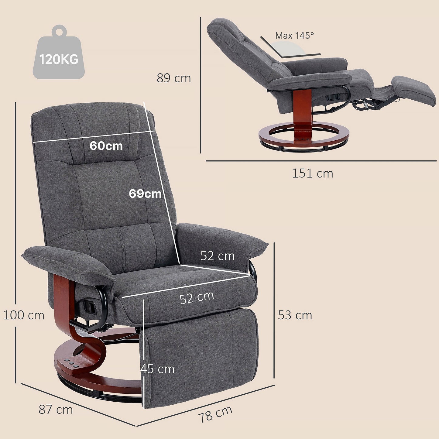 Manual Recliner Chair with Linen-Like Upholstered & Wooden Base for Living Room, Grey - HOMCOM