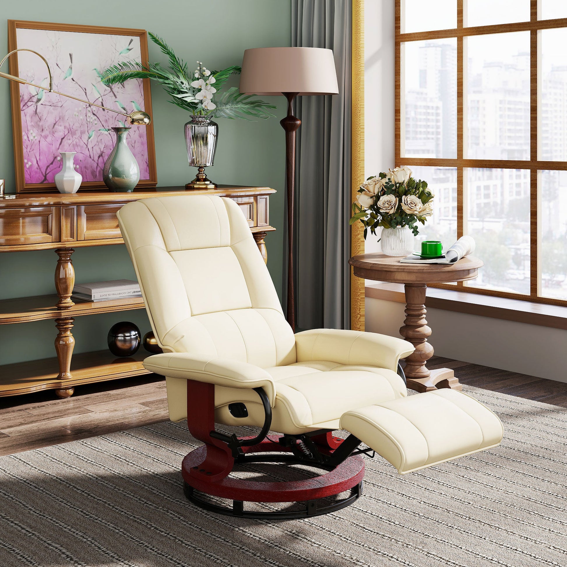 Manual Recliner Chair with Faux Leather Upholstered & Wooden Base for Living Room, Cream White - HOMCOM