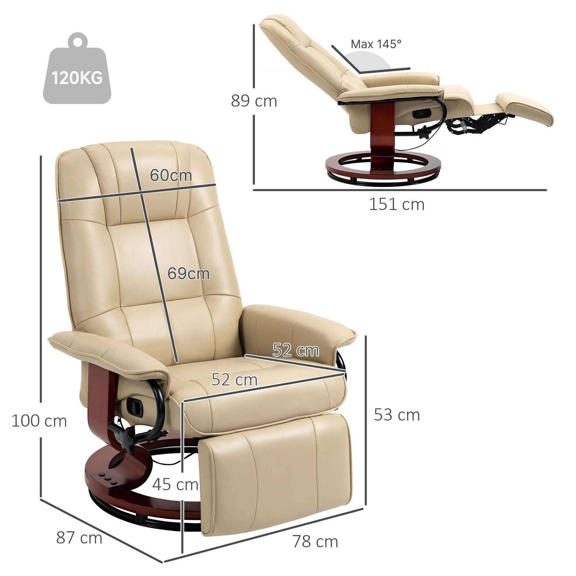 Manual Recliner Chair with Faux Leather Upholstered & Wooden Base for Living Room, Cream White - HOMCOM