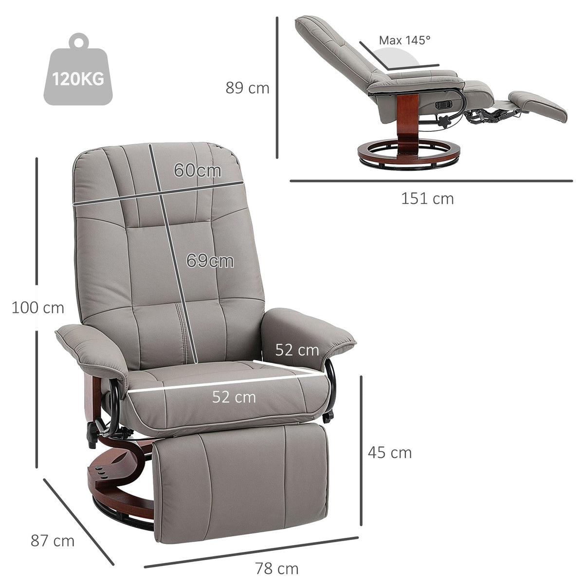 Manual Recliner Chair with Faux Leather Upholstered & Wooden Base for Living Room, Grey - HOMCOM