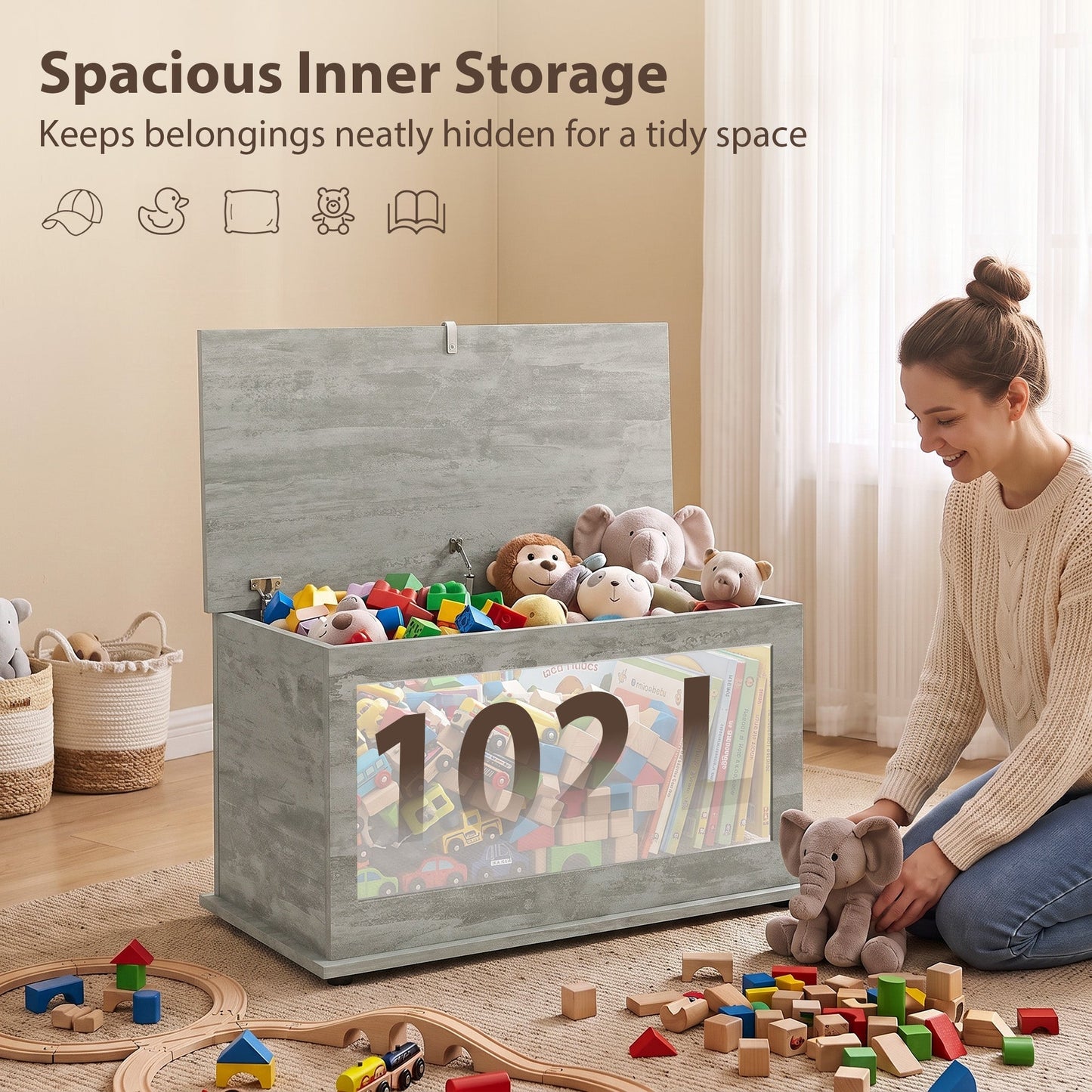Storage Chest, Large 102L Blanket Box, Shoe Bench with Safety Hinged Lid, Storage Trunk, Bed End Bench for Bedroom, Hallway, Living room, Playroom, 80 x 40 x 45cm, Grey