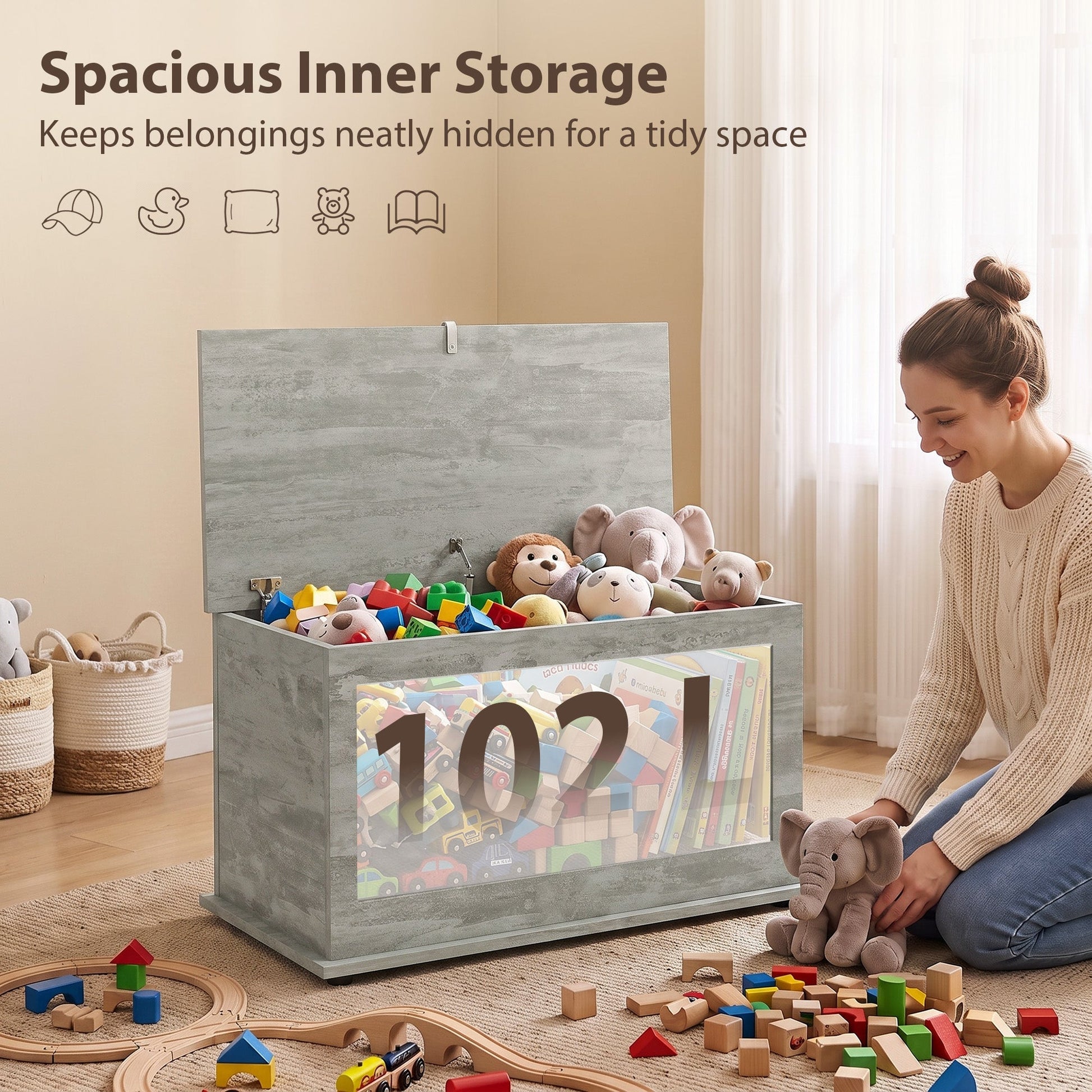 Storage Chest, Large 102L Blanket Box, Shoe Bench with Safety Hinged Lid, Storage Trunk, Bed End Bench for Bedroom, Hallway, Living room, Playroom, 80 x 40 x 45cm, Grey