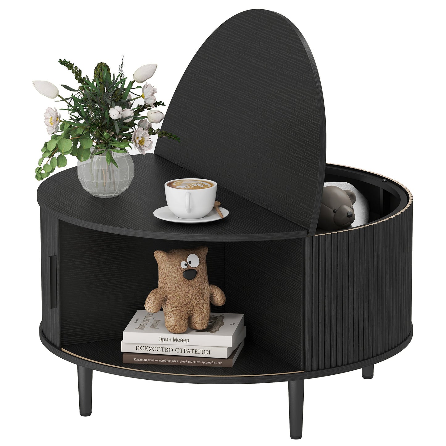 Round Coffee Table with Storage, 80 cm Modern Centre Table with Fluted Sliding Cabinet Door and Lift Top, Wood Circle Drum Table for Living Room, Black Wood Effect