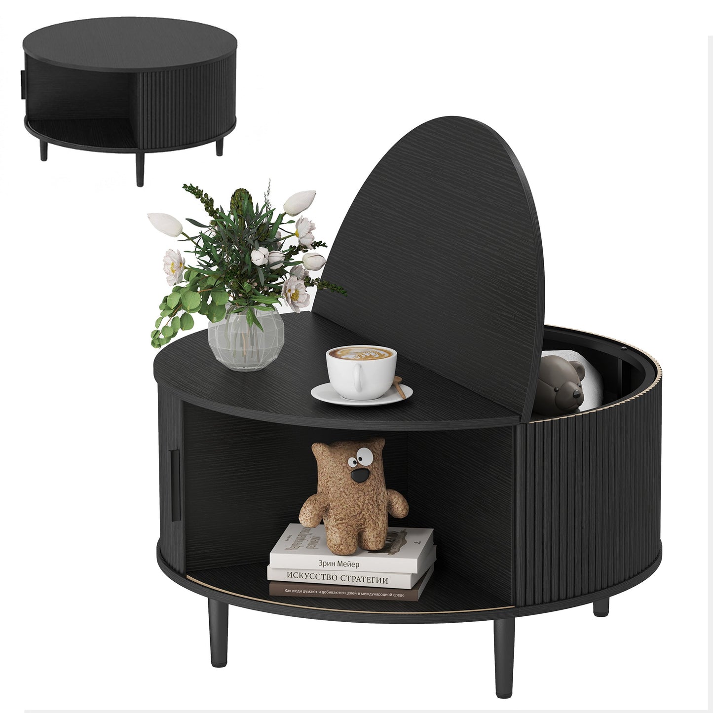 Round Coffee Table with Storage, 80 cm Modern Centre Table with Fluted Sliding Cabinet Door and Lift Top, Wood Circle Drum Table for Living Room, Black Wood Effect