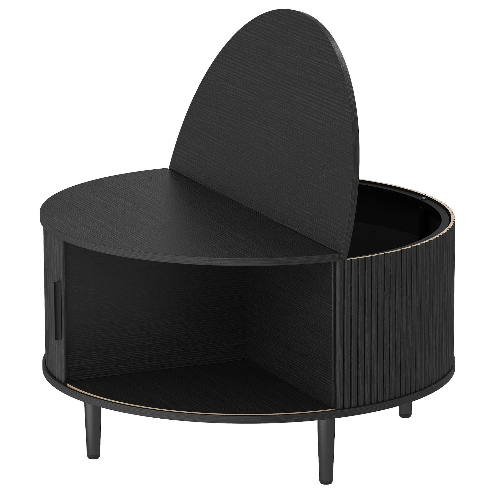 Round Coffee Table with Storage, 80 cm Modern Centre Table with Fluted Sliding Cabinet Door and Lift Top, Wood Circle Drum Table for Living Room, Black Wood Effect