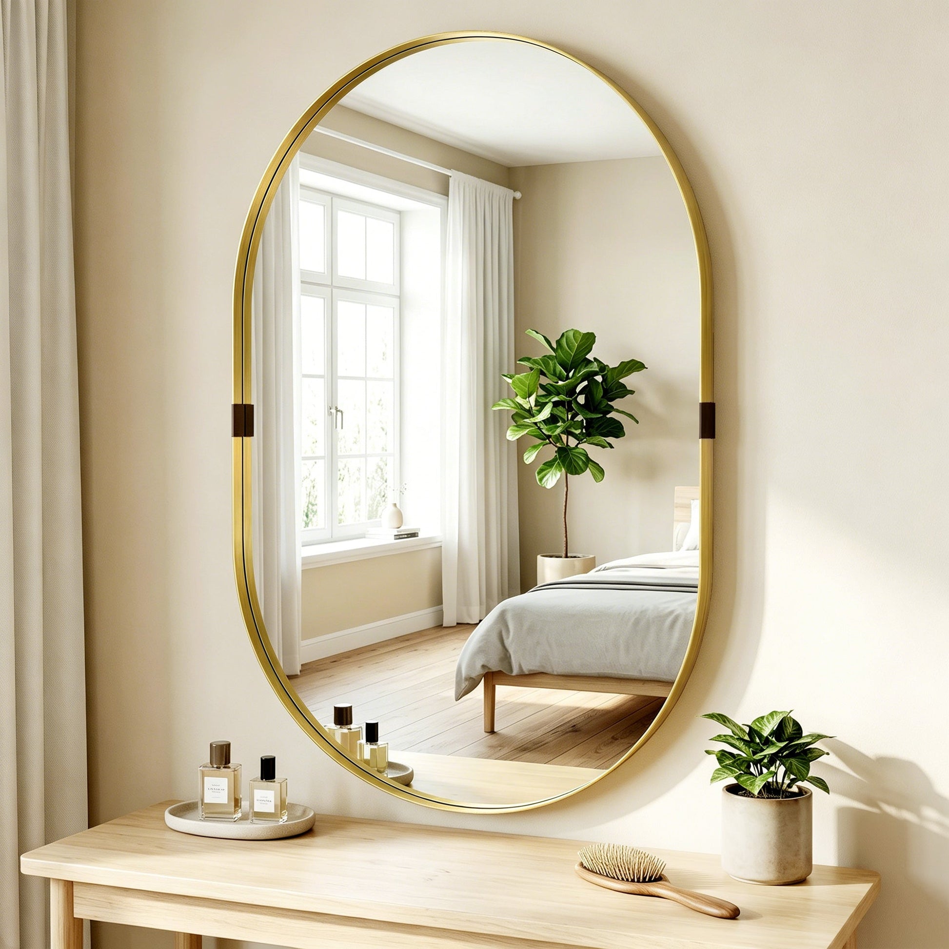 Wall Mirror with Elevated Aluminium Alloy Frame, 60 x 90 cm Bathroom Mirror with Tempered Glass for Living Room, Bedroom, Hallway, Gold Tone