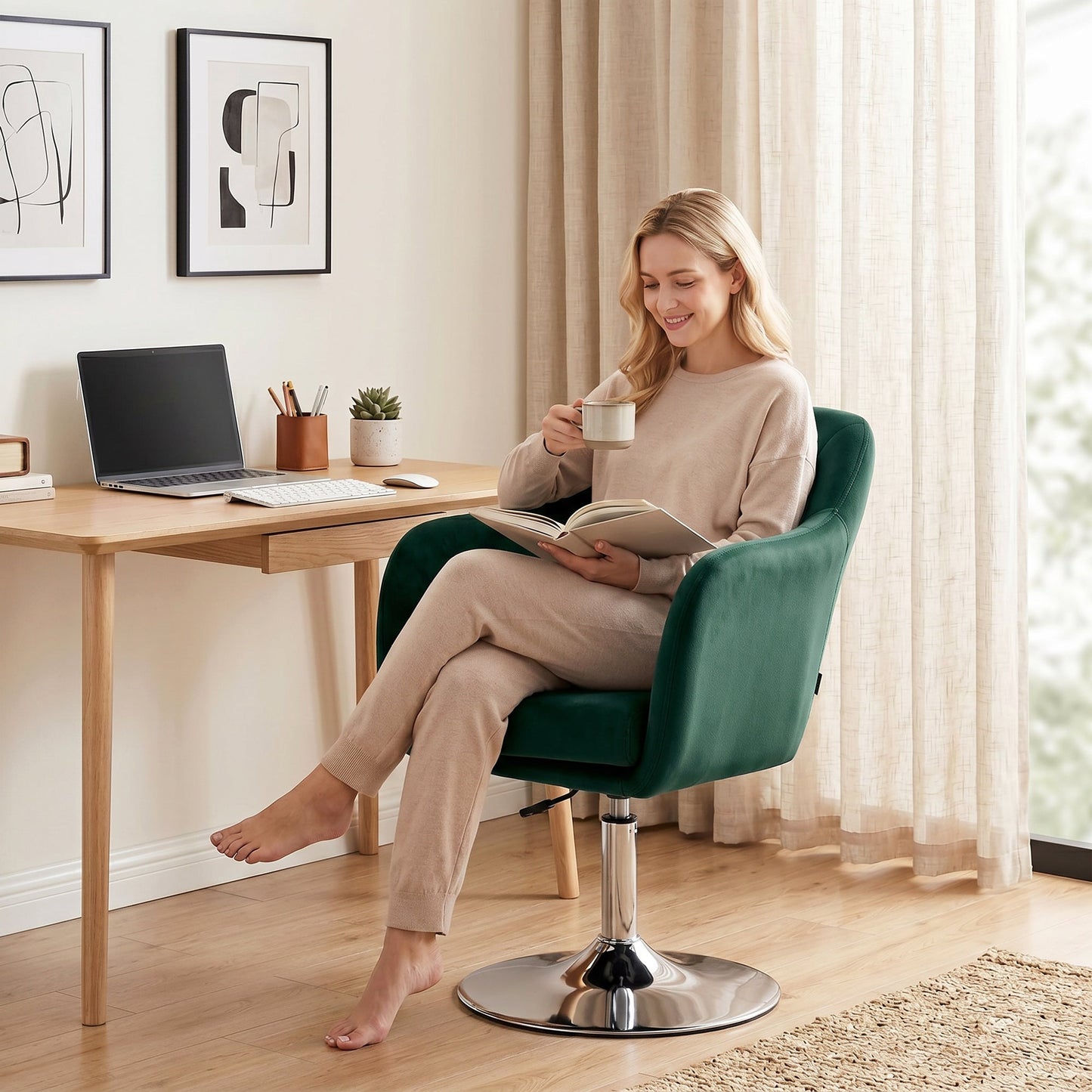 Swivel Accent Chair, Velvet Fabric Tub Vanity Chair, Modern Armchair with Adjustable Height and Lumbar Support for Living Room Bedroom Salon Make up Room Dressing Table, Dark Green