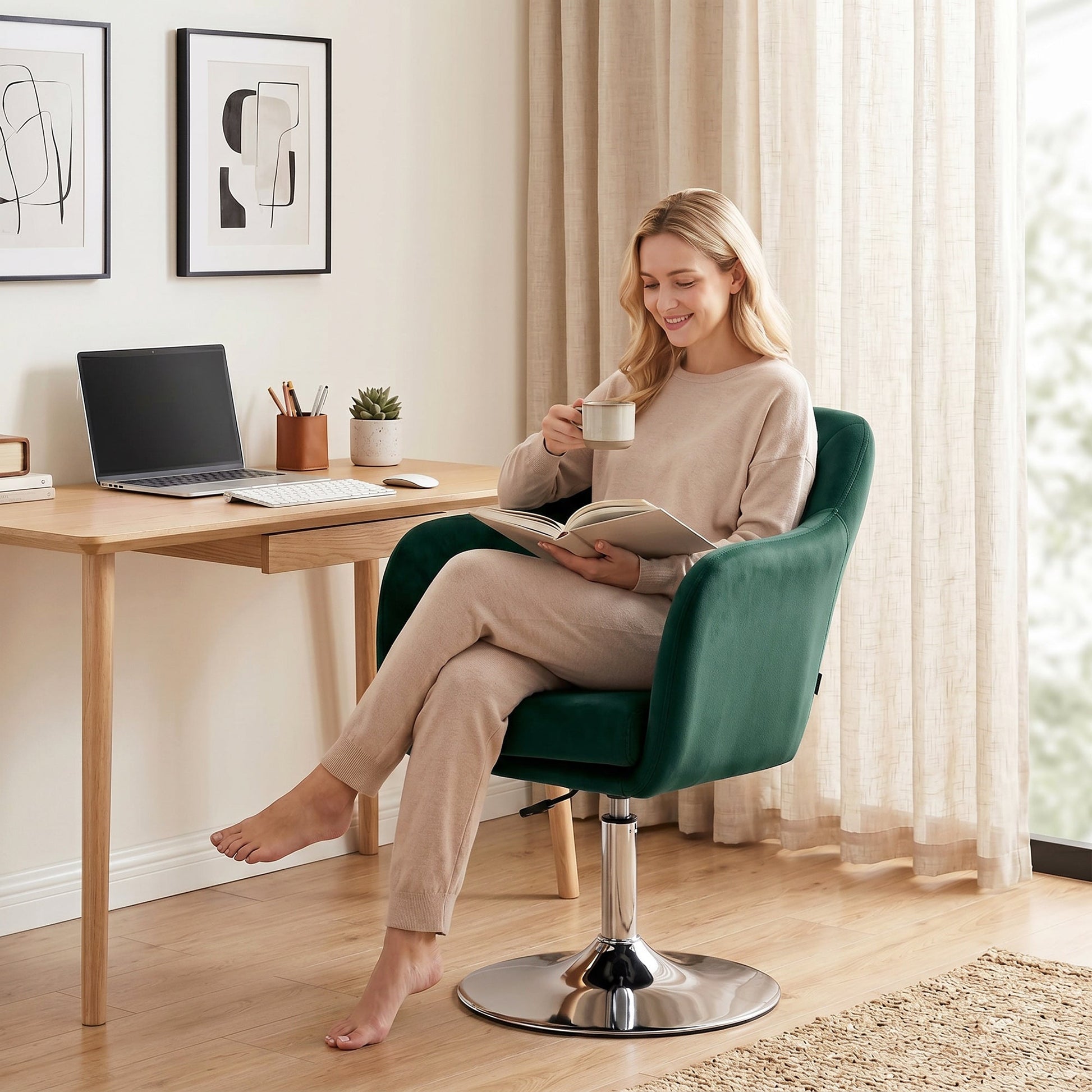 Swivel Accent Chair, Velvet Fabric Tub Vanity Chair, Modern Armchair with Adjustable Height and Lumbar Support for Living Room Bedroom Salon Make up Room Dressing Table, Dark Green