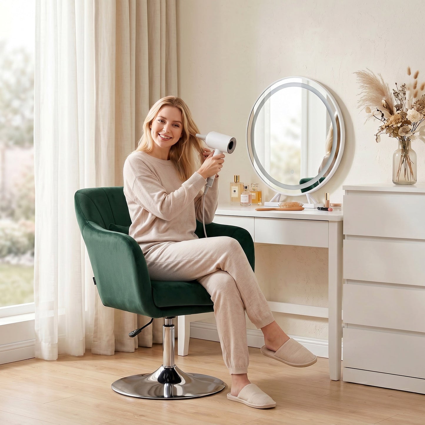 Swivel Accent Chair, Velvet Fabric Tub Vanity Chair, Modern Armchair with Adjustable Height and Lumbar Support for Living Room Bedroom Salon Make up Room Dressing Table, Dark Green