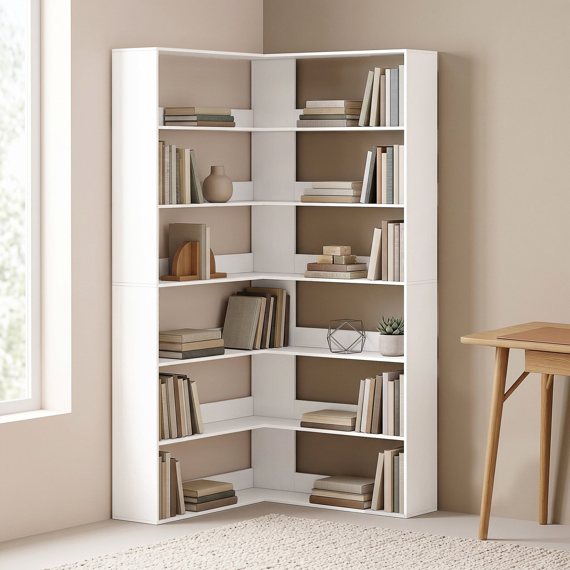 7 Tiers Corner Bookshelf, L-Shaped Bookcase with Anti-Slip Rear Guard, Storage Shelves for Living Room, Bedroom and Home Office, 90W x 90D x 180H cm, White Wood Effect