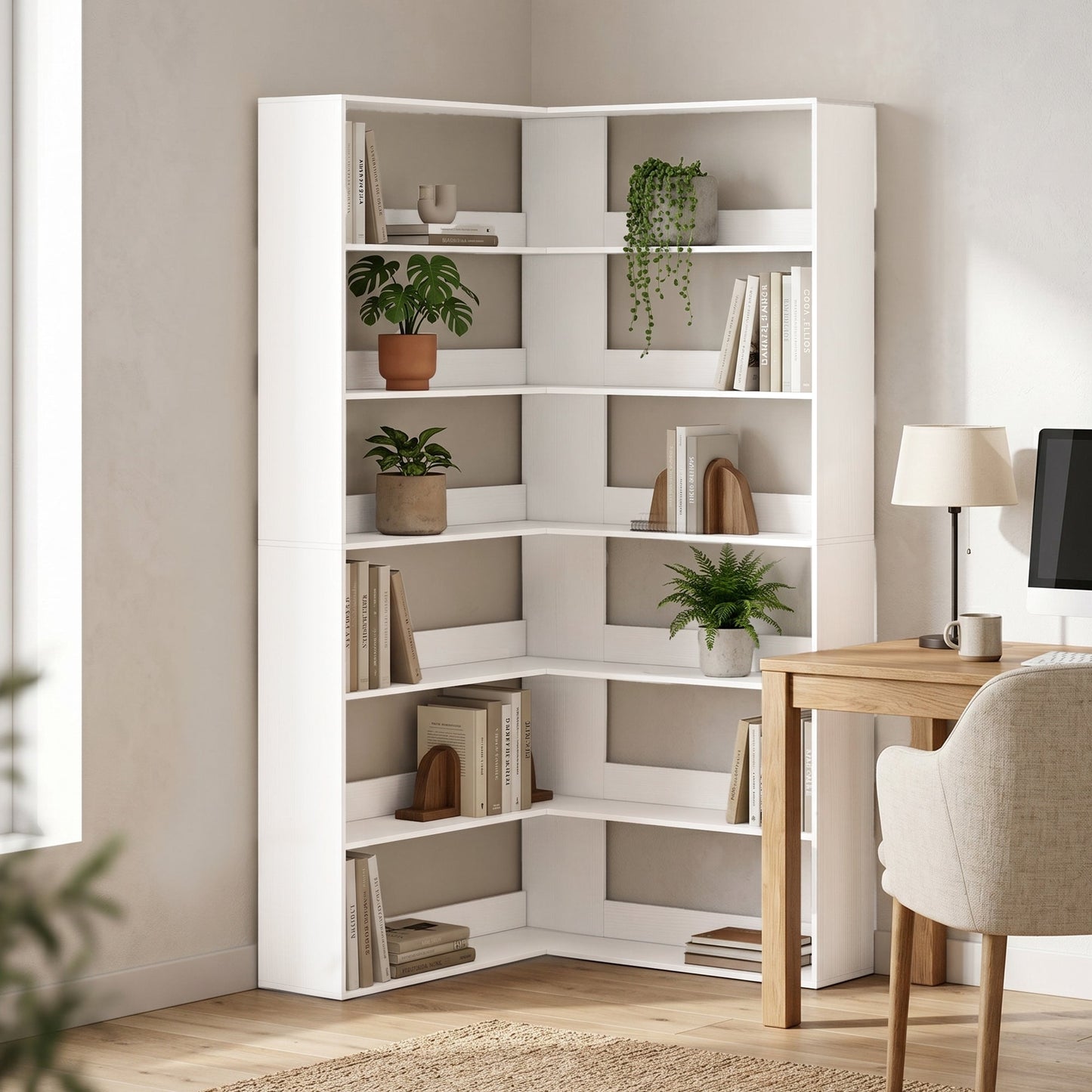 7 Tiers Corner Bookshelf, L-Shaped Bookcase with Anti-Slip Rear Guard, Storage Shelves for Living Room, Bedroom and Home Office, 90W x 90D x 180H cm, White Wood Effect