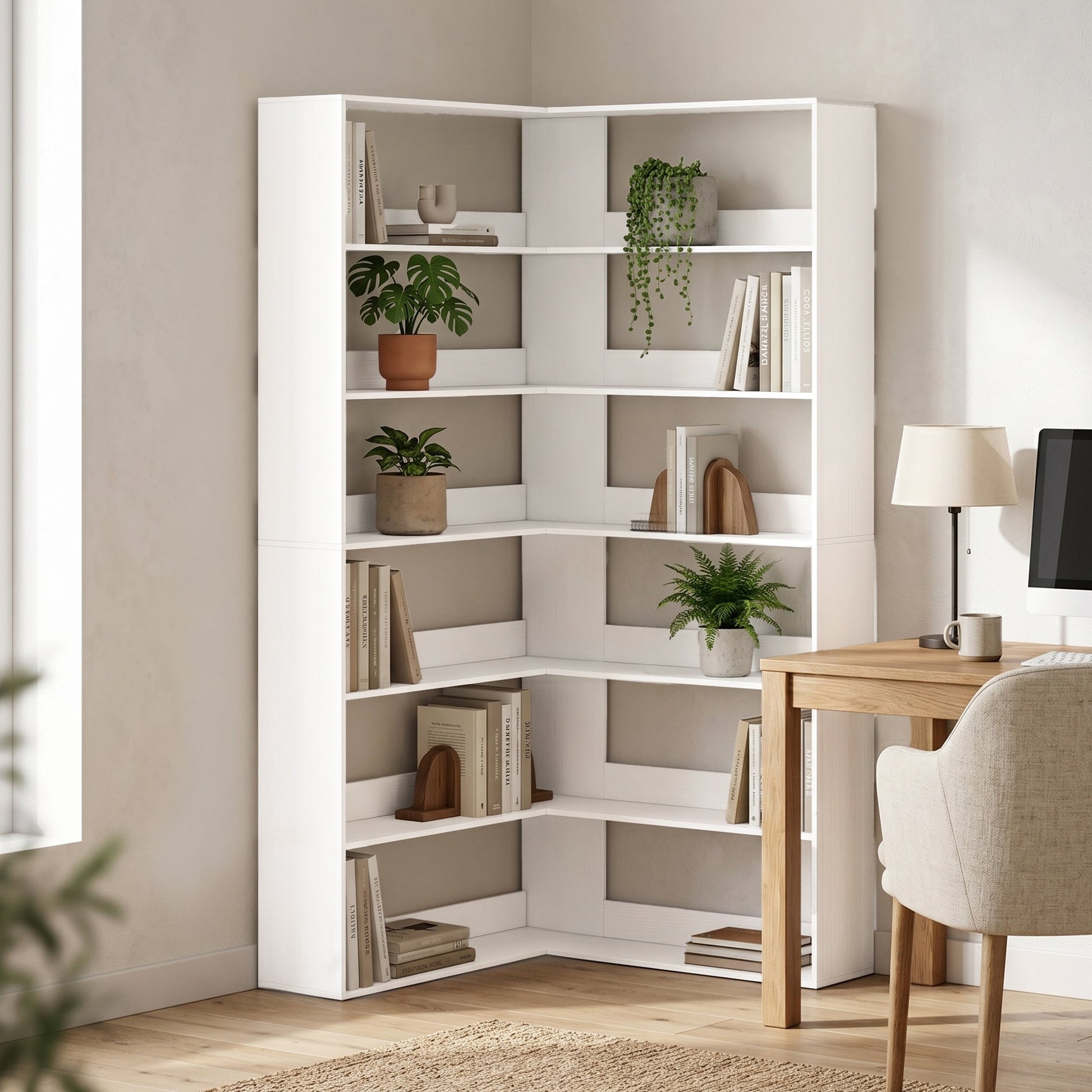 7 Tiers Corner Bookshelf, L-Shaped Bookcase with Anti-Slip Rear Guard, Storage Shelves for Living Room, Bedroom and Home Office, 90W x 90D x 180H cm, White Wood Effect