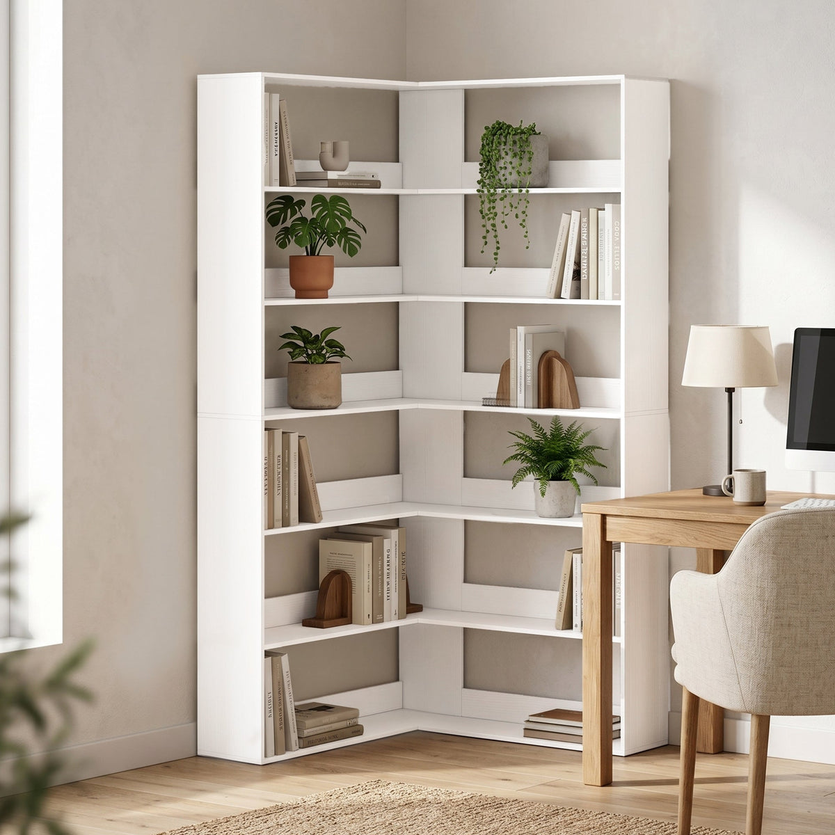 7 Tiers Corner Bookshelf, L-Shaped Bookcase with Anti-Slip Rear Guard, Storage Shelves for Living Room, Bedroom and Home Office, 90W x 90D x 180H cm, White Wood Effect