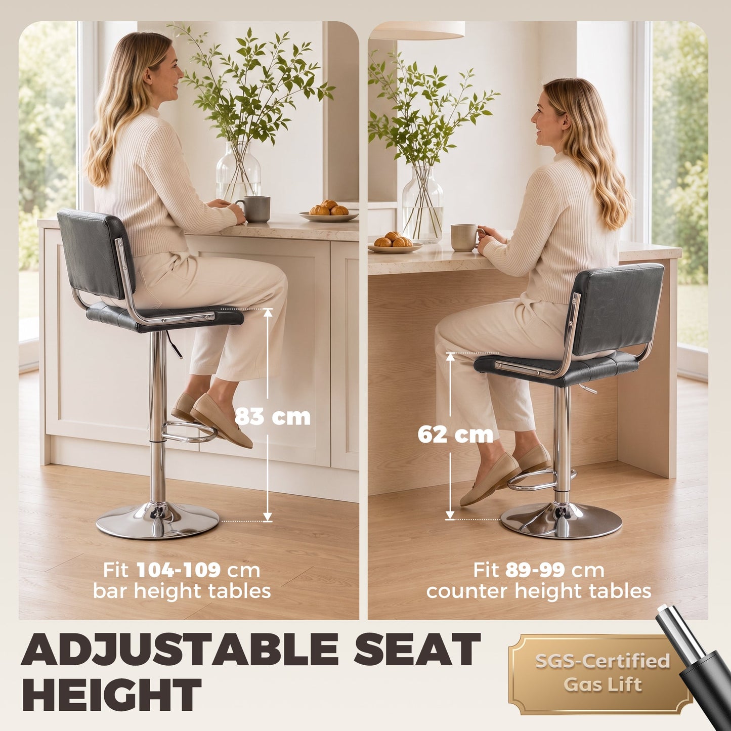 Breakfast Bar Stools Set of 2, Modern PU Leather Swivel BarStools, Adjustable Counter Height Bar Chairs with Backrest and Footrest for Kitchen Island, Dining Room, Bar, Grey