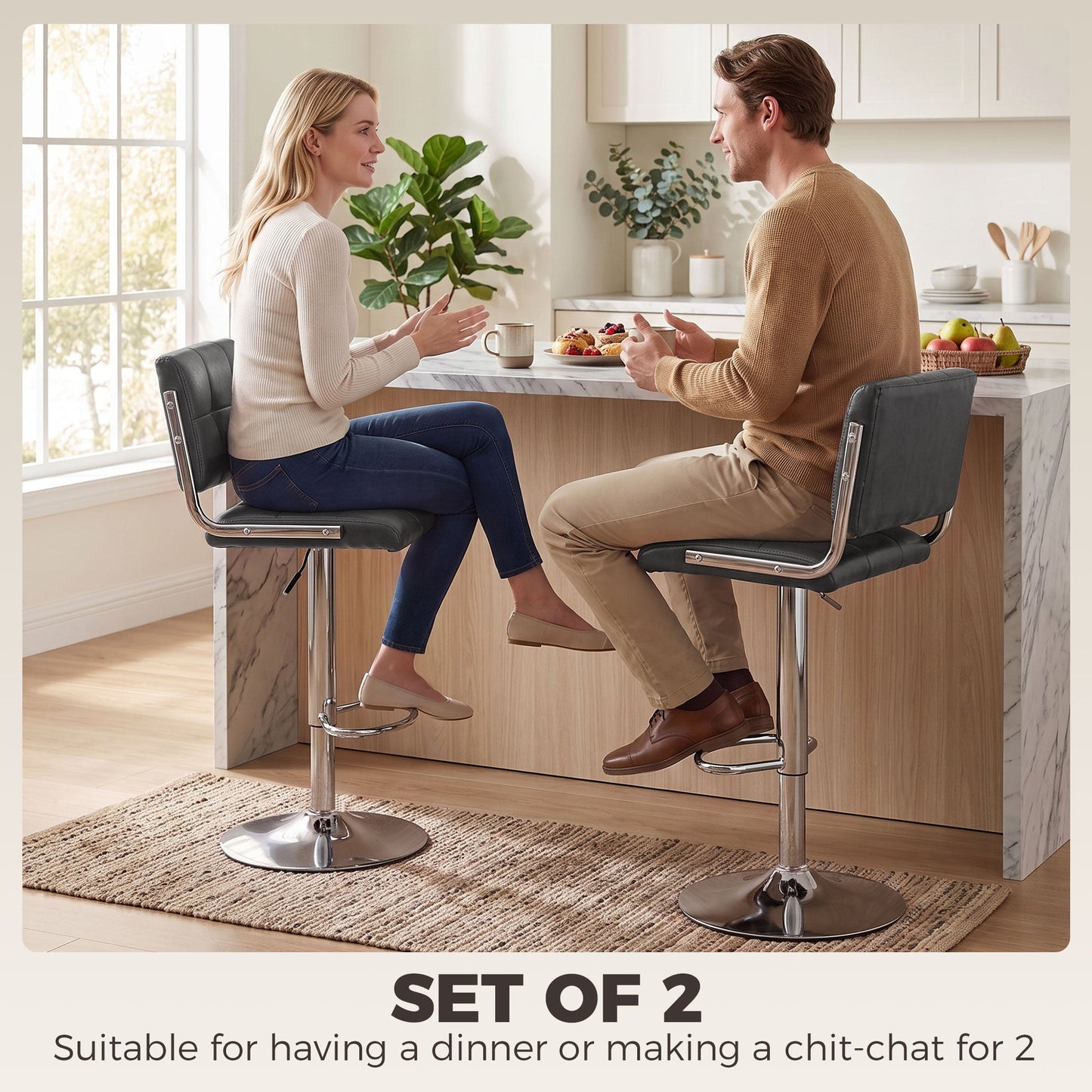 Breakfast Bar Stools Set of 2, Modern PU Leather Swivel BarStools, Adjustable Counter Height Bar Chairs with Backrest and Footrest for Kitchen Island, Dining Room, Bar, Grey