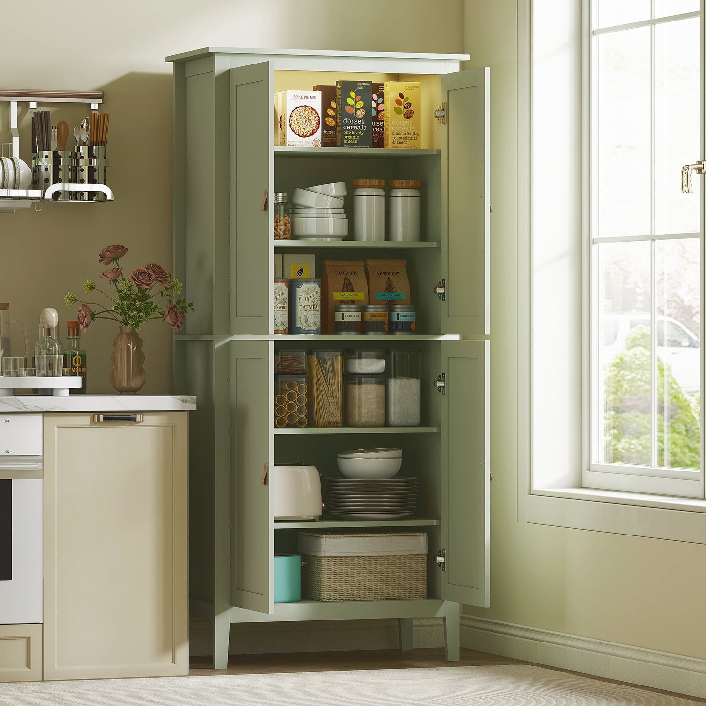 Tall Kitchen Cupboard with Motion Sensor LED Light, 3-Colour Dimmable Lighting, 177 cm Freestanding Storage Cabinet with Doors and Adjustable Shelves, Green