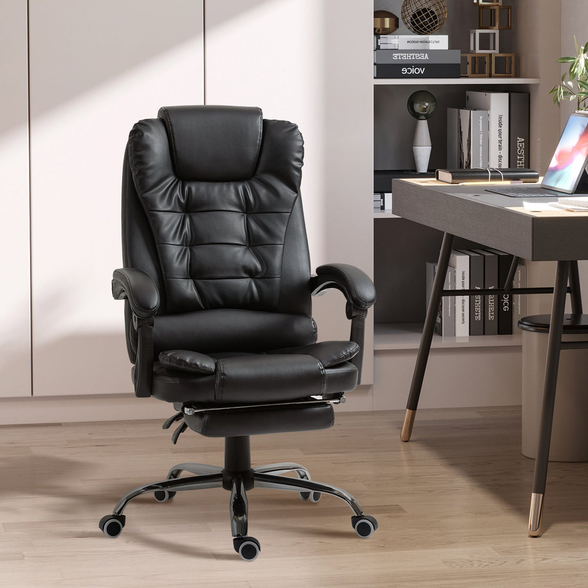 HOMCOM Executive Office Chair, PU Leather Home Office Chair with Swivel Wheels, Reclining Backrest, Retractable Footrest, Black